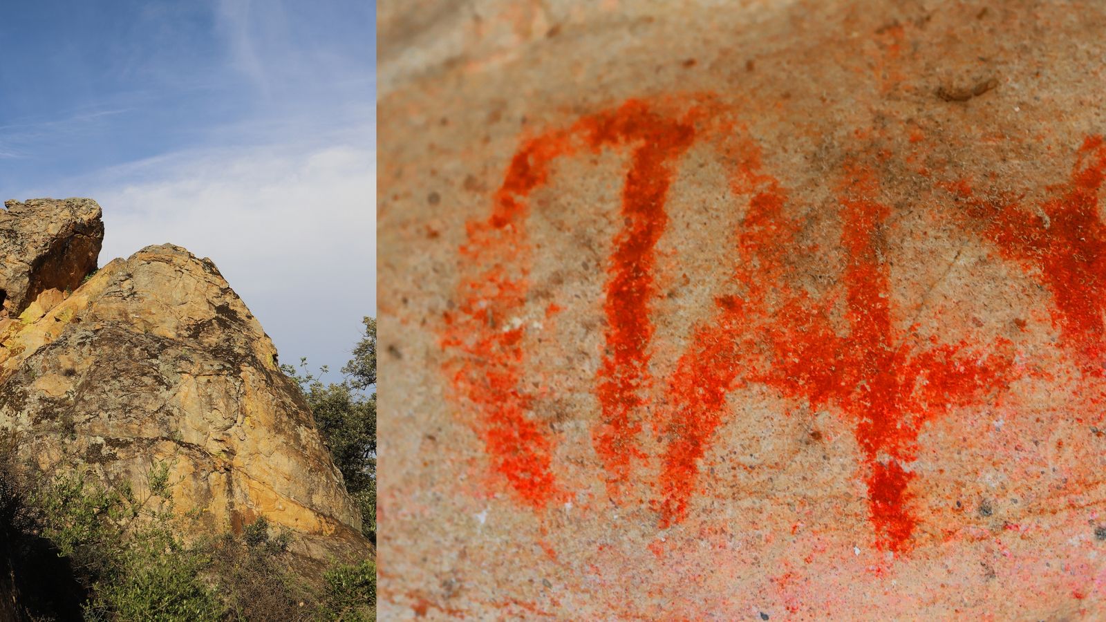 Hornacina del Guadiaro IV. Trio de antropomorfos en el panel frontal.