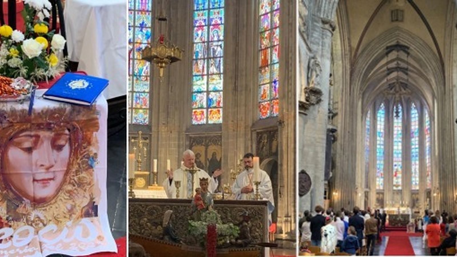 Distintos momentos de la misa de romeros celebrada en Bruselas.