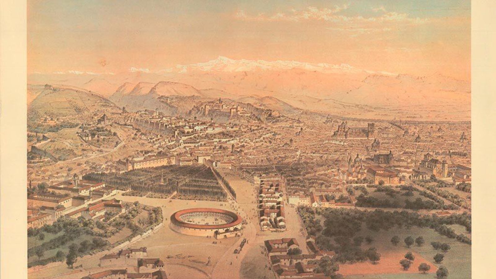 Dibujo de la ciudad de Granada en 1853 realizado por el francés Alfred Guesdon, con la antigua plaza de toros de Granada y los entonces Jardines del Triunfo que se extendían a partir del arco del Elvira