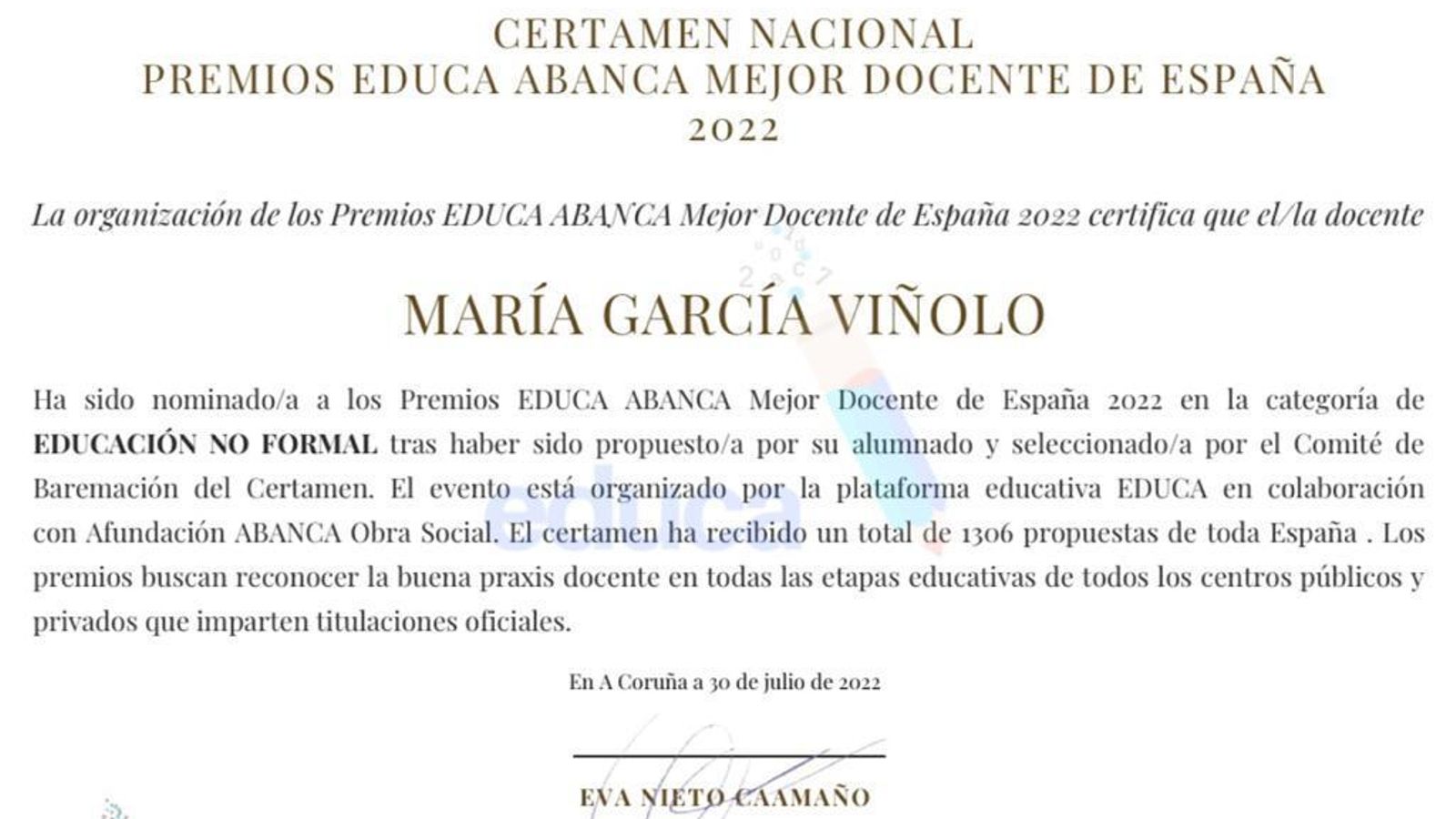 Titulo oficial de María García del Certamen Nacional de Educa