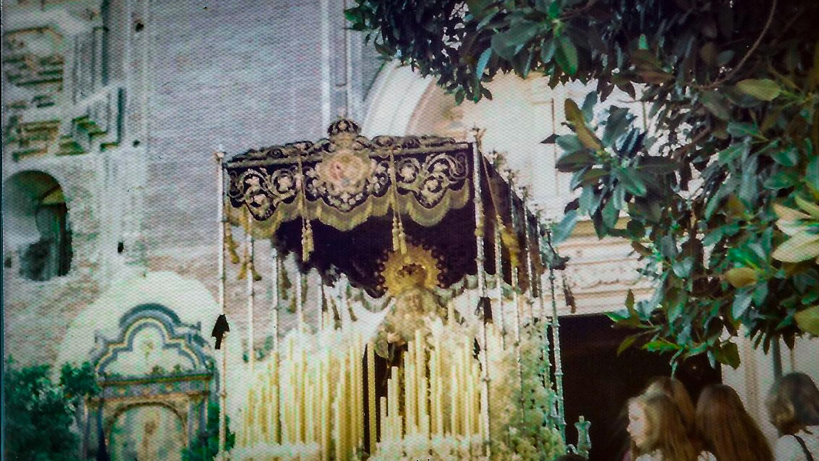 El palio de la Estrella saliendo de San Jacinto junto al ficus centenario