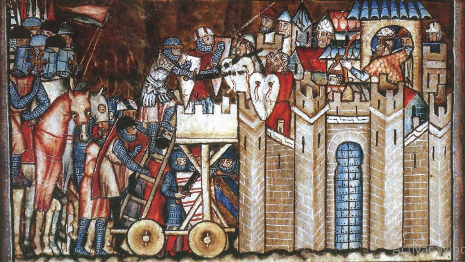 Torre de asalto en el asedio de una ciudad musulmana (Miniatura de la Gran conquista de Ultramar -1293-. Biblioteca Nacional de Madrid).