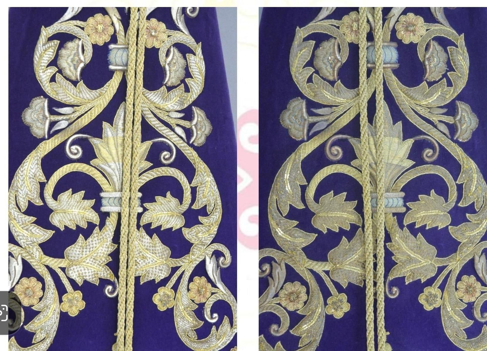 Imagen del estandarte restaurado a la izquierda y de cómo se encontraba antes de la intervención, a la derecha.