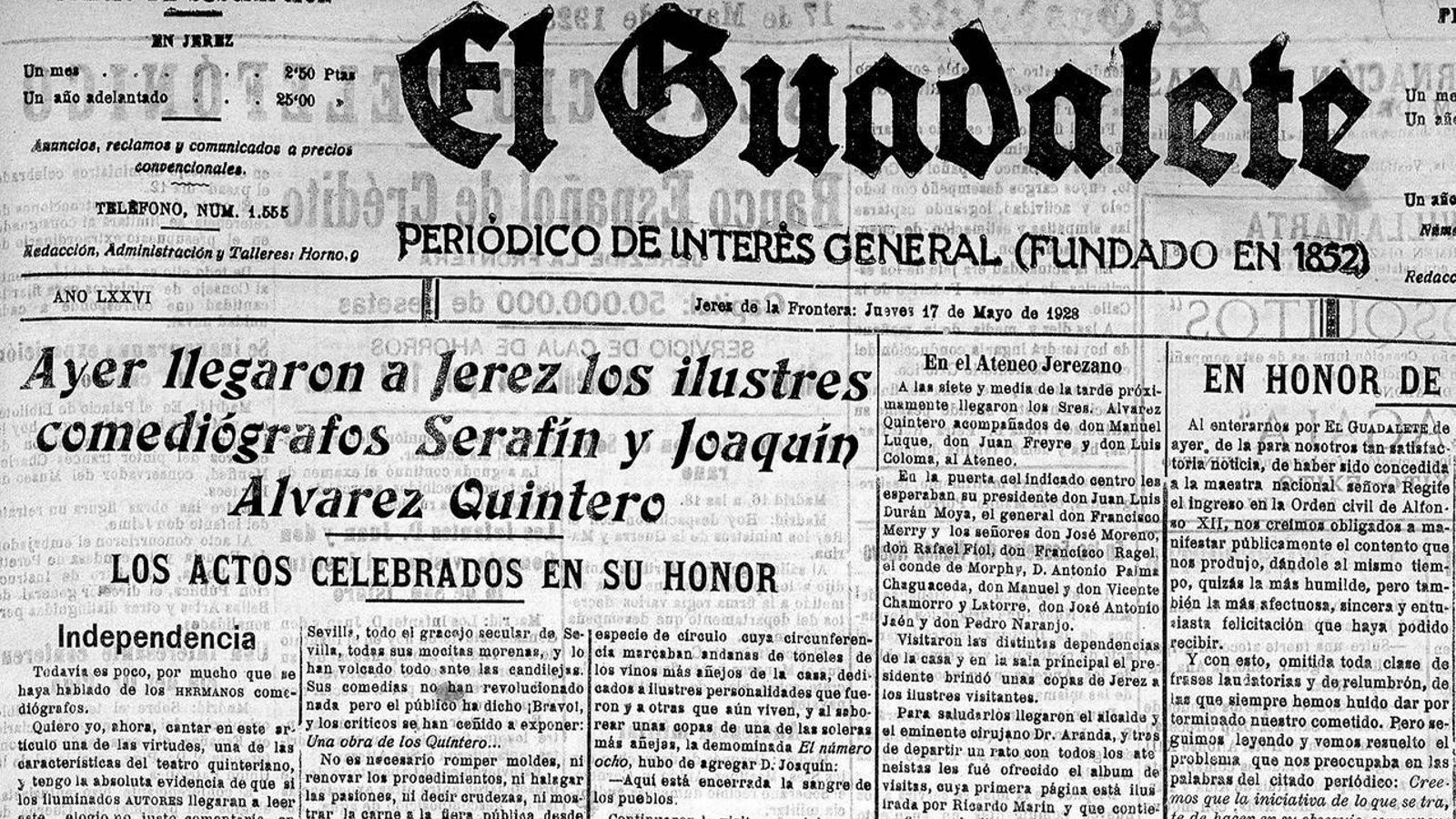 Portada de El Guadalete anunciando la llegada de los comediógrafos a Jerez.