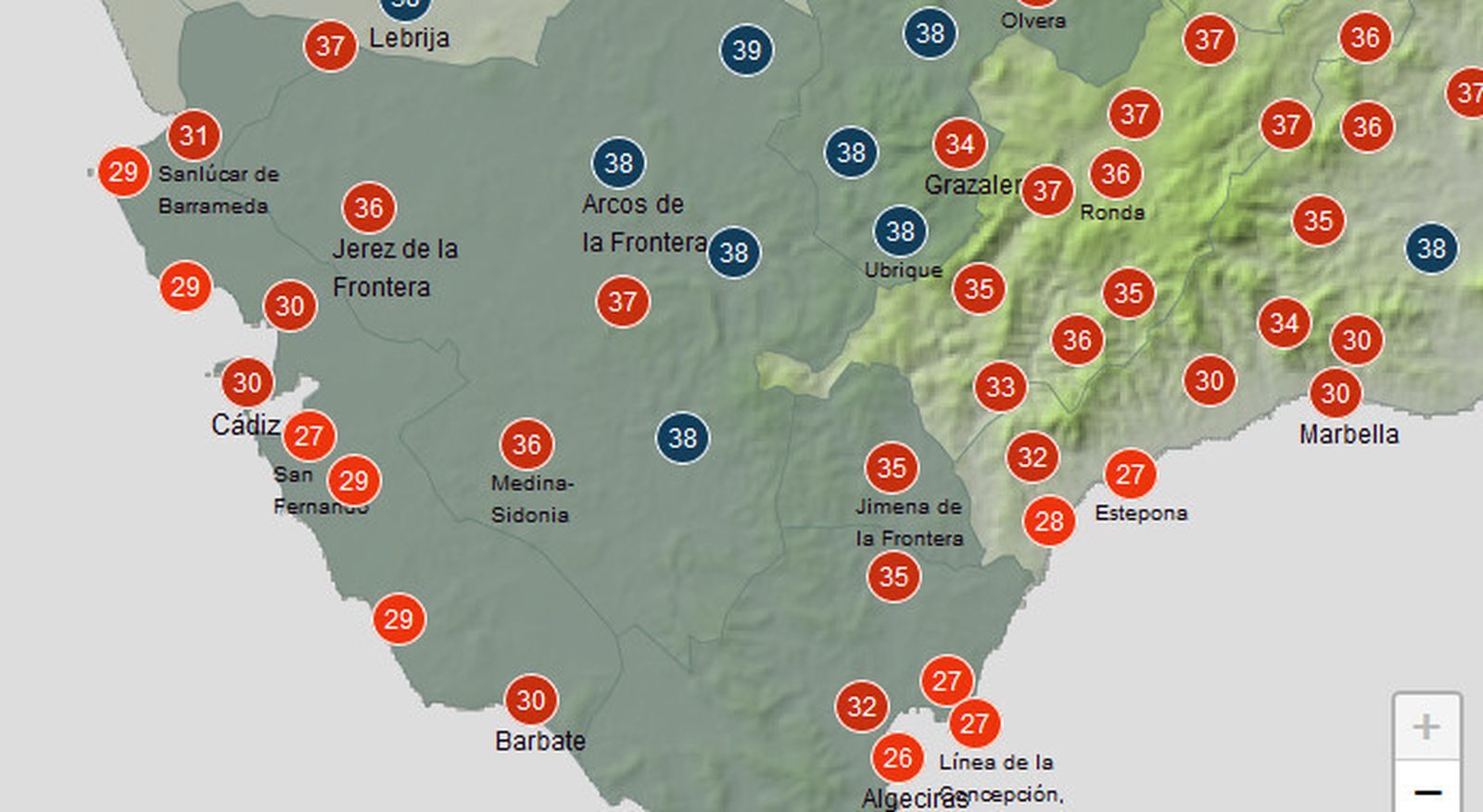 Temperaturas máximas previstas para este jueves.