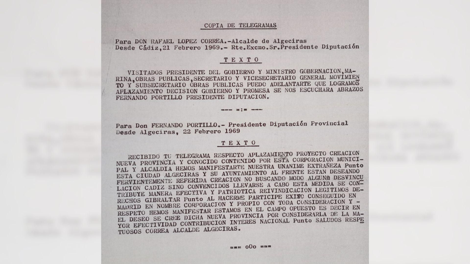 Copia de los telegramas entre el presidente de la Diputación Provincial de Cádiz y el alcalde de Algeciras.