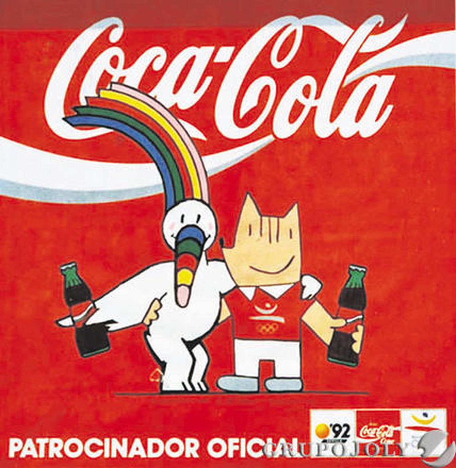 Las mascotas oficiales del 92, Curro y Cobi, hermanadas en un anuncio de la popular marca de refrescos.