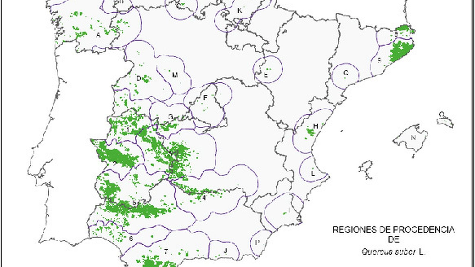 Distribución de Quercus suber en España, según el mapa de regiones de procedencia (Díaz et al., 1995