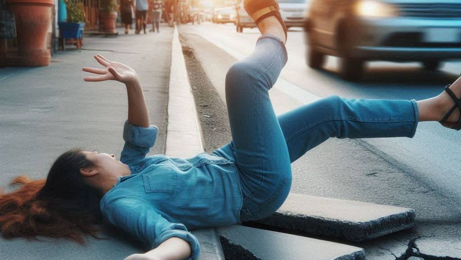 Una ilustración de una mujer que sufre una caída en una calle.