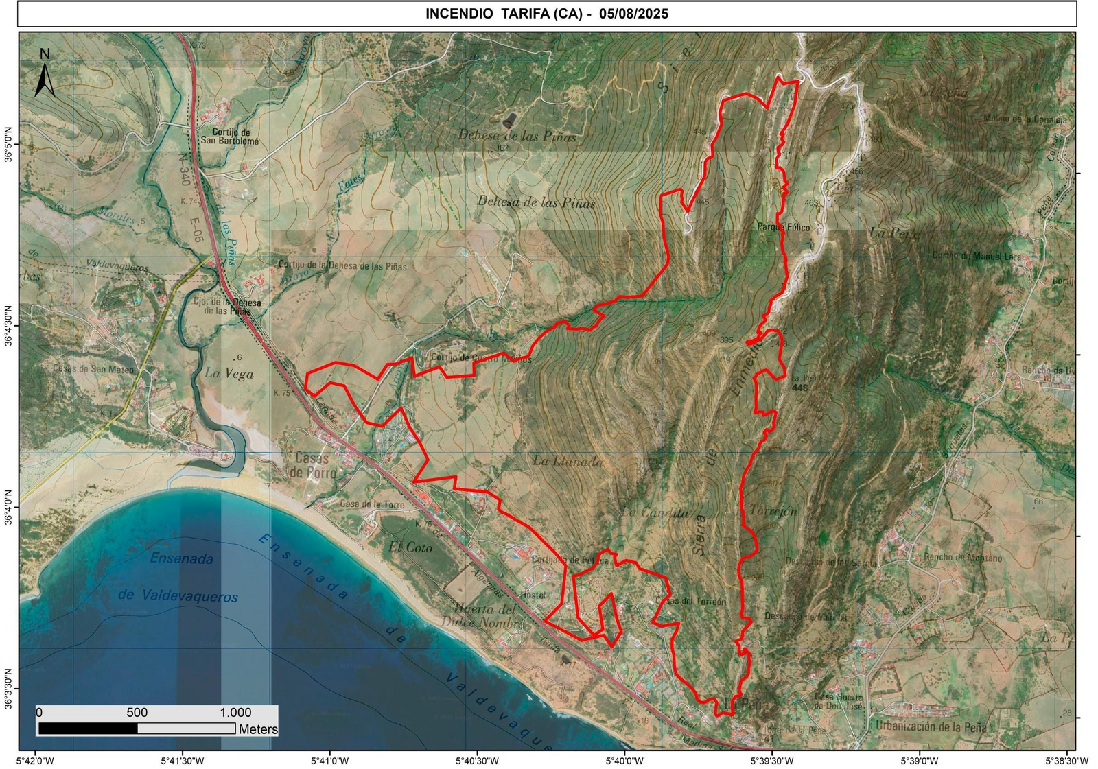 El área afectada por el incendio de Tarifa.