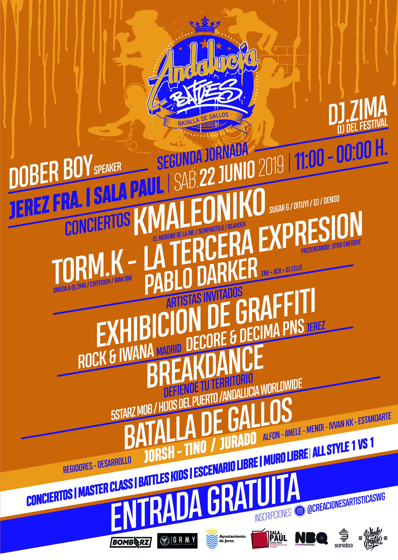 La Sala Paúl celebrará este sábado, día 22 de junio,, desde las 11 a las 24 horas, la segunda de las jornadas Andalucía Battles, un ciclo en torno a la cultura Hip-Hop, con los conciertos de los grupos ‘Kmaleoniko’, ‘Torm.K’, ‘La tercera expresión’ y Pablo Darker. En lo que se refiere al grafiti, habrá una superficie de 65 metros para pintar. Otra modalidad incluida en esta jornada es el baile urbano, con los grupos ‘5Starz Mob’, ‘Hijos del Puerto’ y ‘Andalucía Worldwide’. Habrá también ‘Batallas de Gallos’, en las que se batirán 32 MC’s participantes con sus improvisaciones para elegir a los mejores ‘gallos’ de Andalucía; y sorteo de un lote de ropa Bomberz valorado en 100 euros y un tatuaje valorado en 250 euros, y que será realizado por el artista COSA.V (Fran Castro).