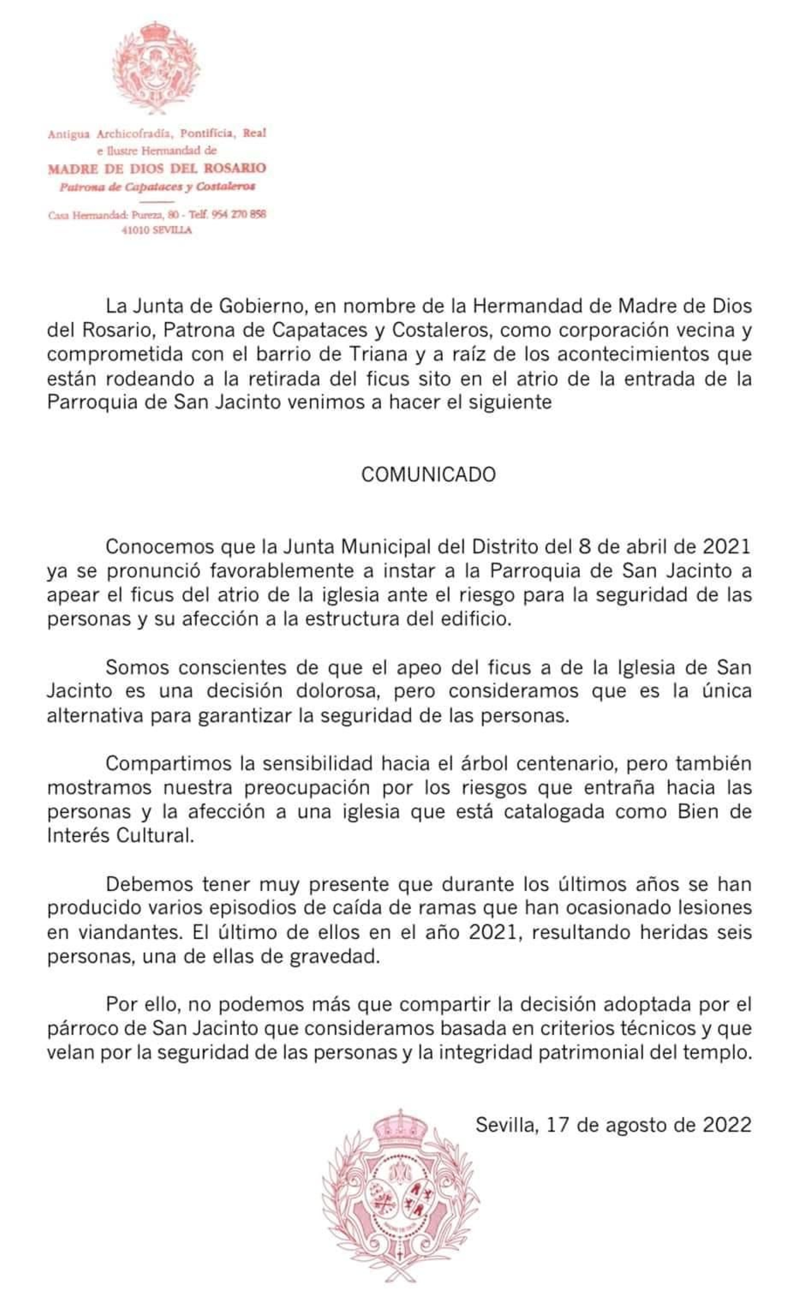 Comunicado de la Hermandad de Madre de Dios de Rosario en apoyo al párroco de San Jacinto.