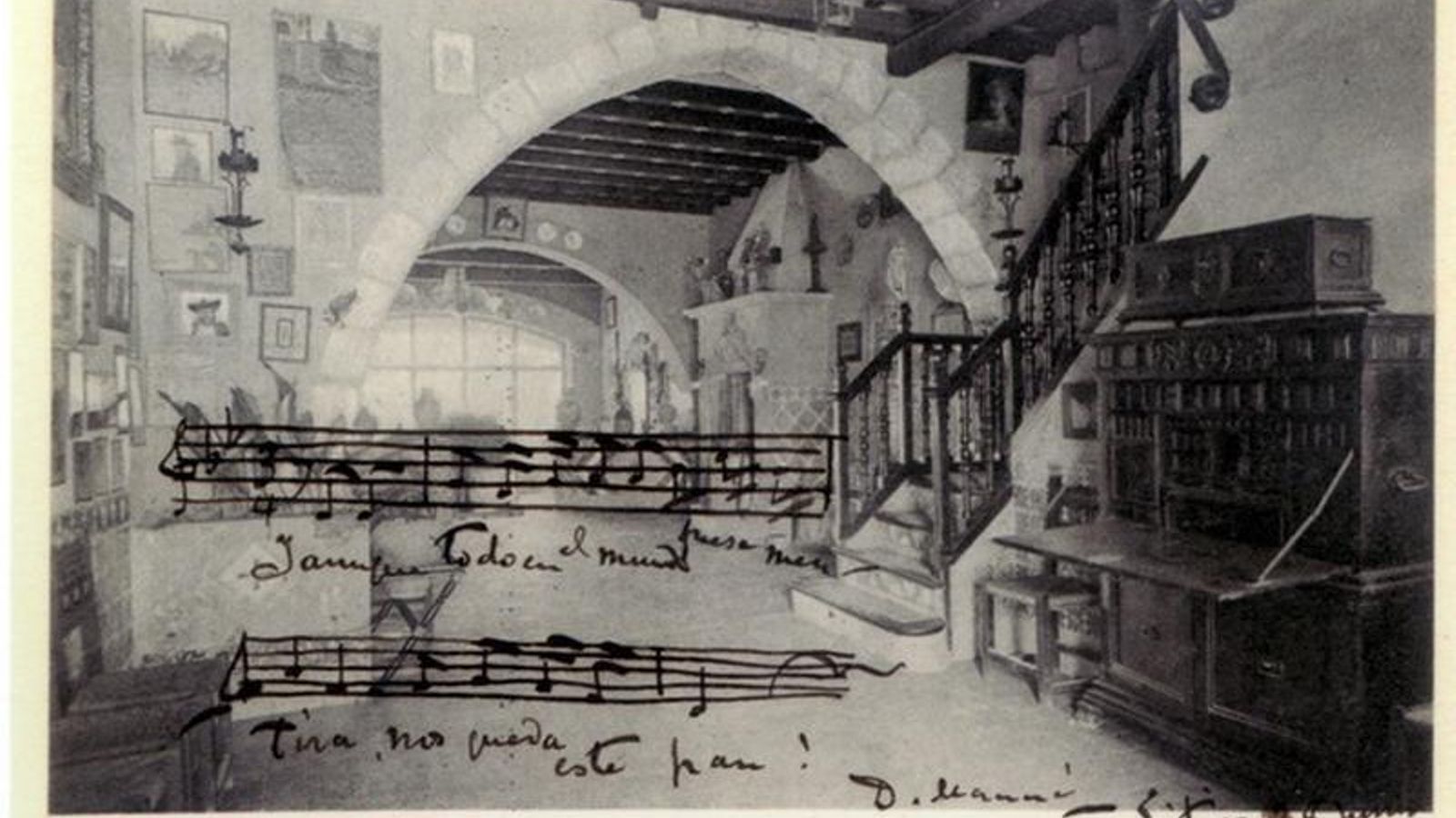 Postal de Falla a Lejárraga donde incluye pentagramas de 'El pan de Ronda', obra de 'Pascua Florida’ en la que trabajaban