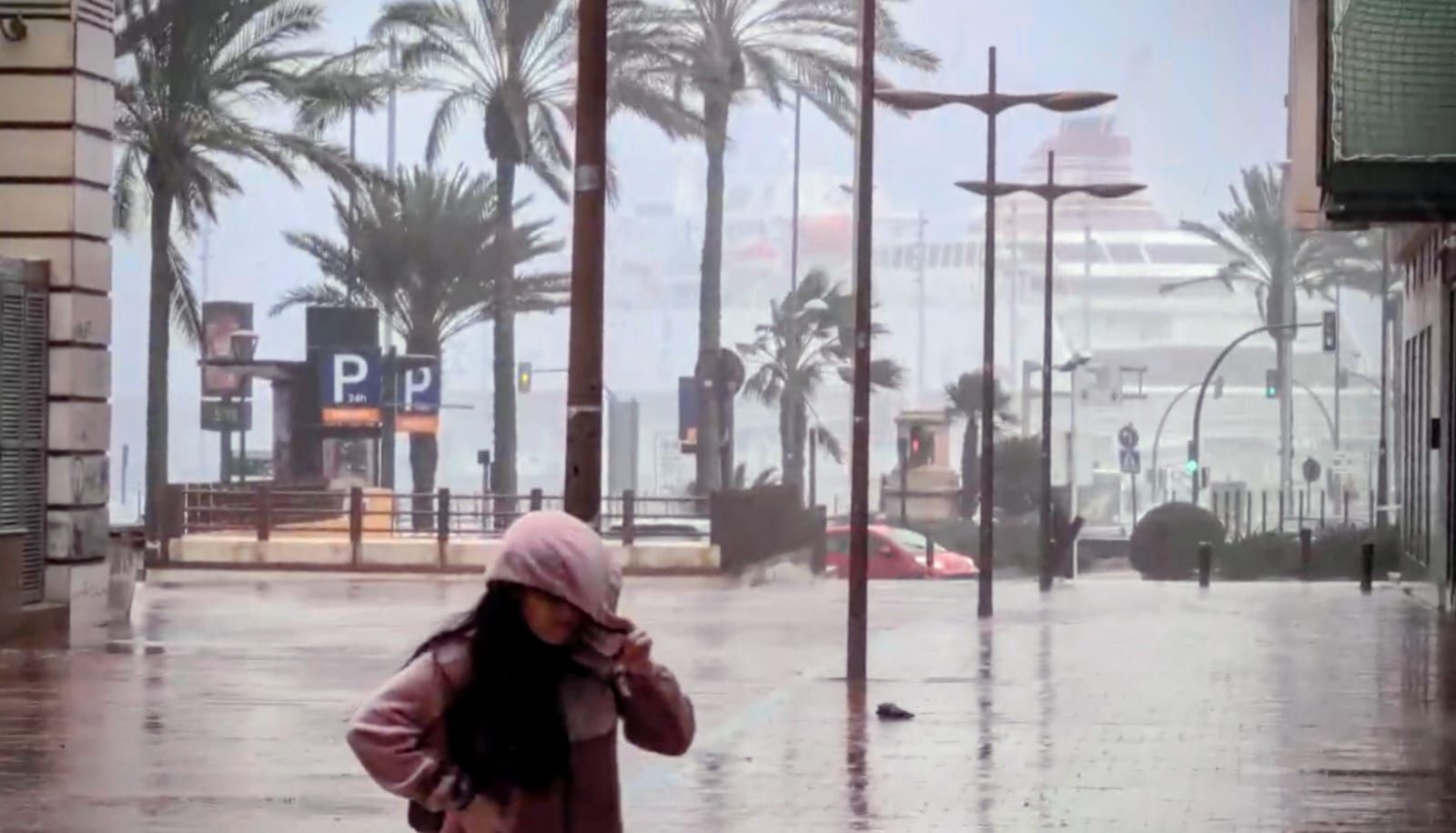 Un joven se tapa la cabeza para evitar lluvia y viento frente al Puerto de Almería.