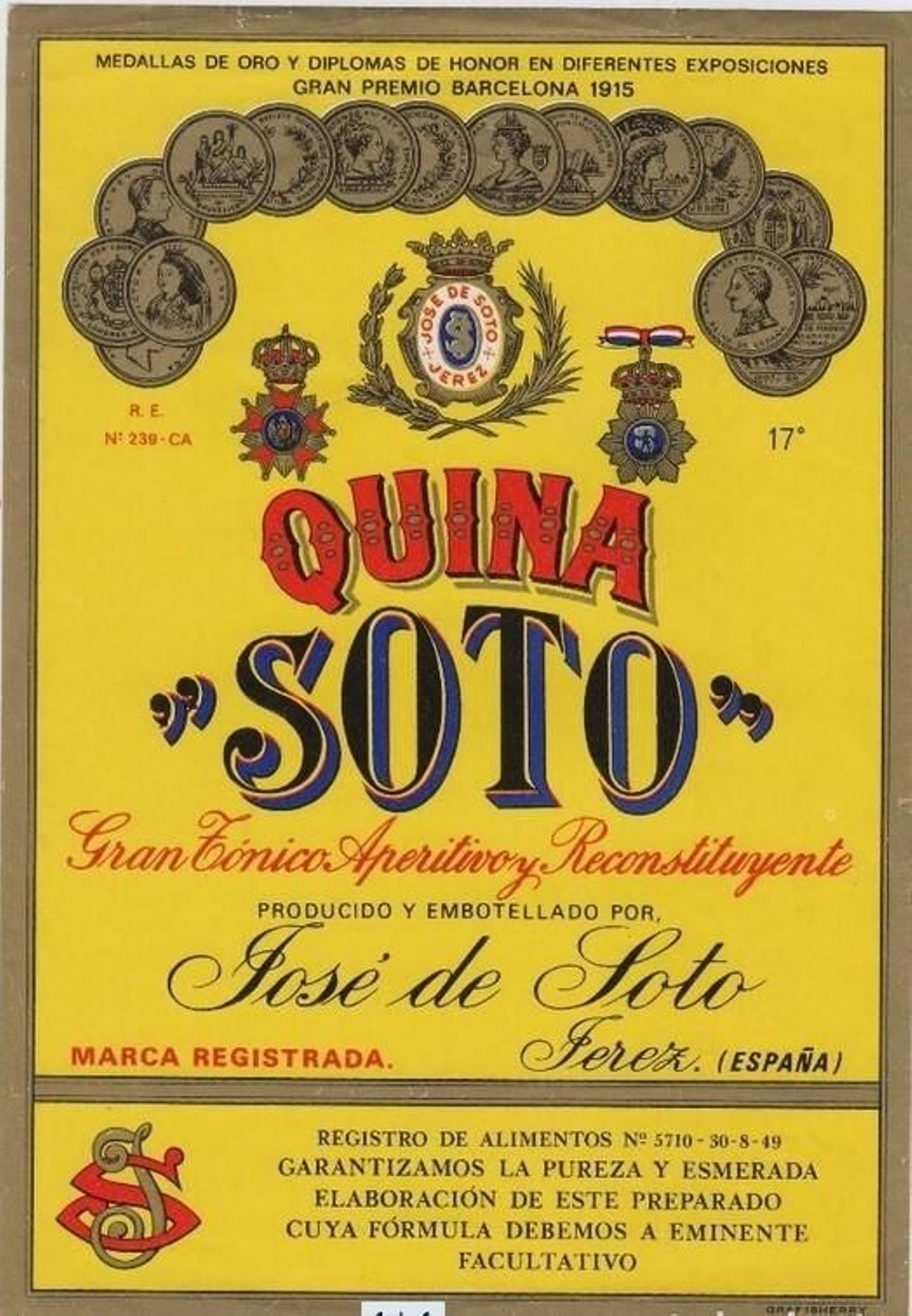 Etiqueta de Quina Soto mostrando las medallas obtenidas por sus marcas.