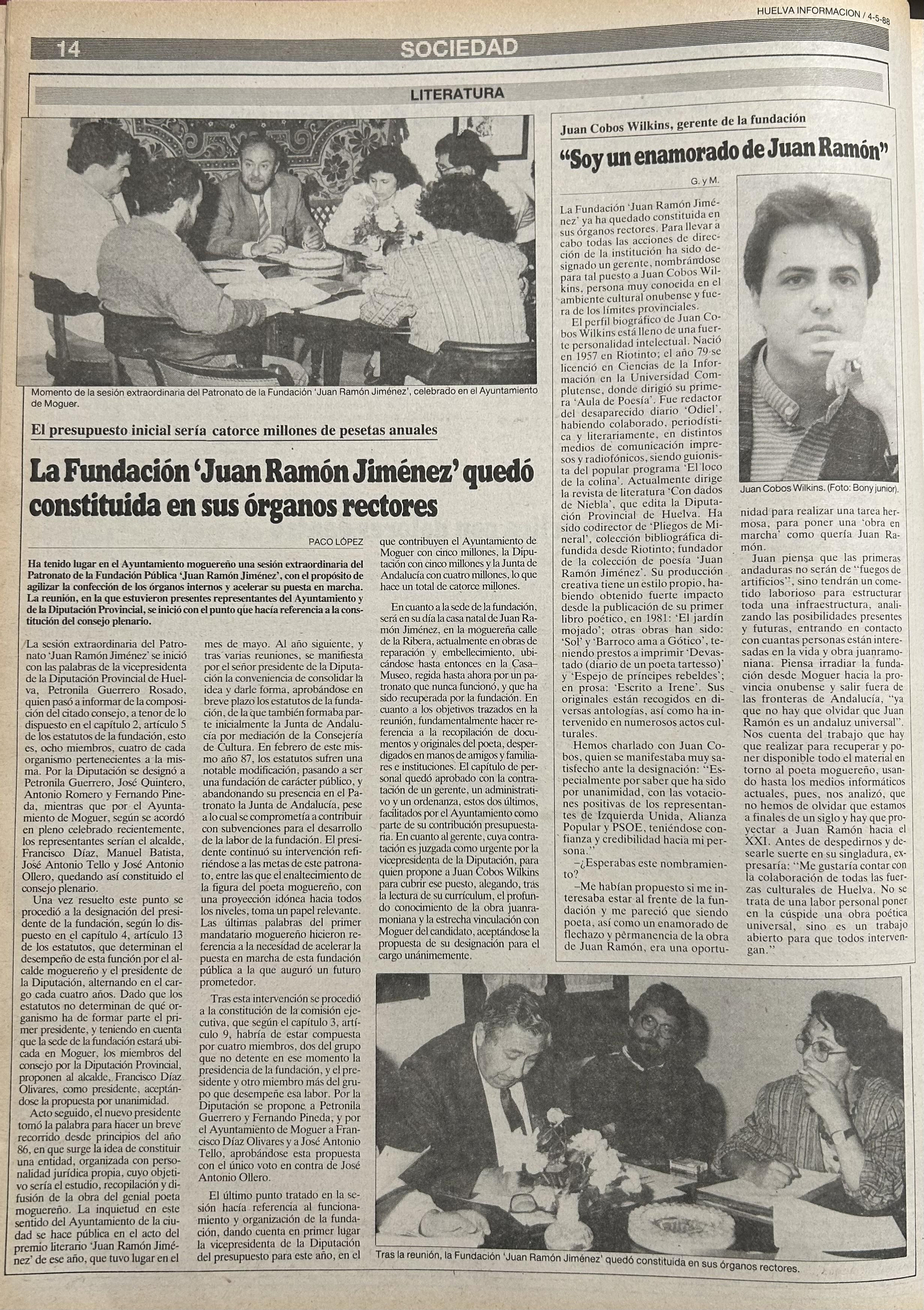 Página de Huelva Información del 4 de mayo de 1988.