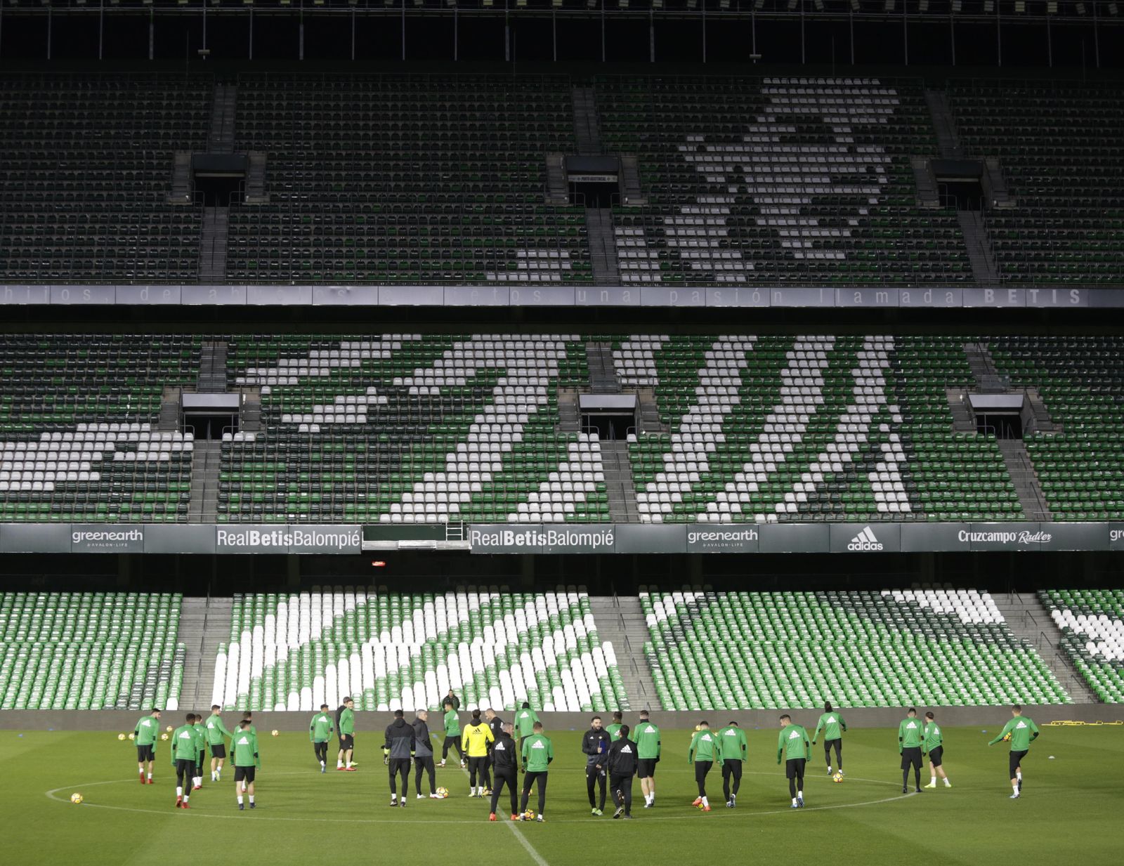 Plantilla y cuerpo técnico, sobre el césped del Benito Villamarín