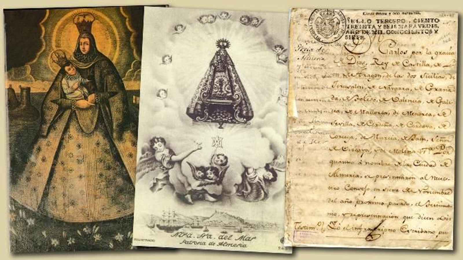 Pinturas y grabados de la Virgen del Mar junto a un documento del siglo XIX