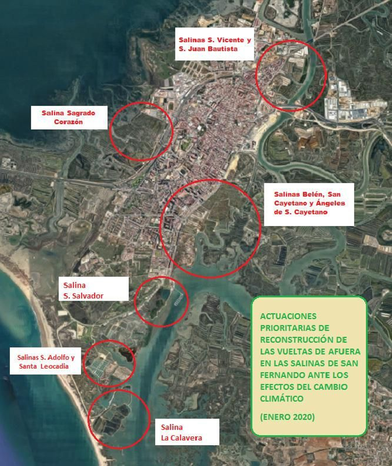 Mapa de San Fernando con la identificación de las salinas que necesitan arreglar sus vueltas de afuera.