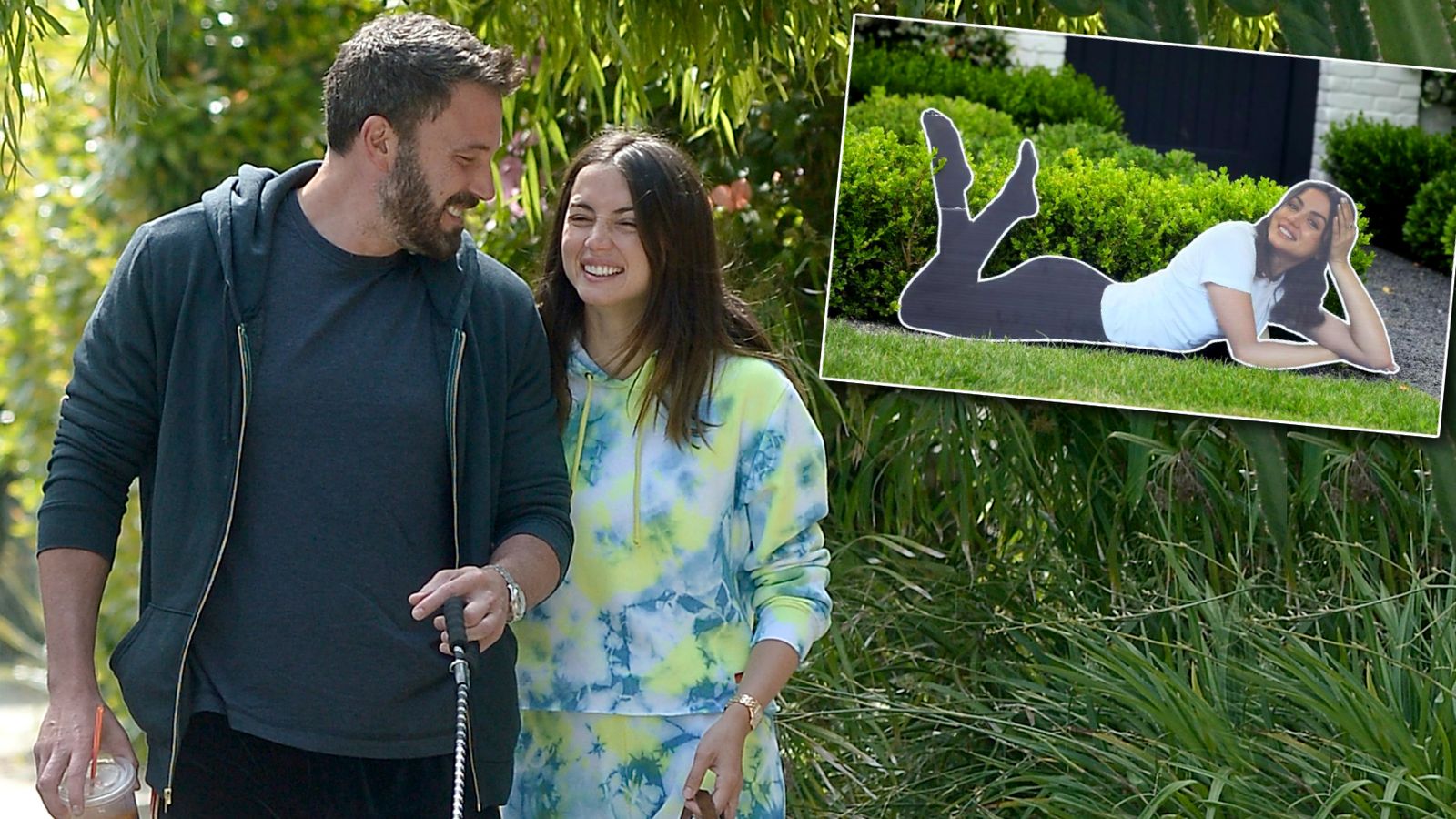 Affleck y Ana, junto a la foto de la imagen de cartón de ella que está en el jardín de la casa del actor.