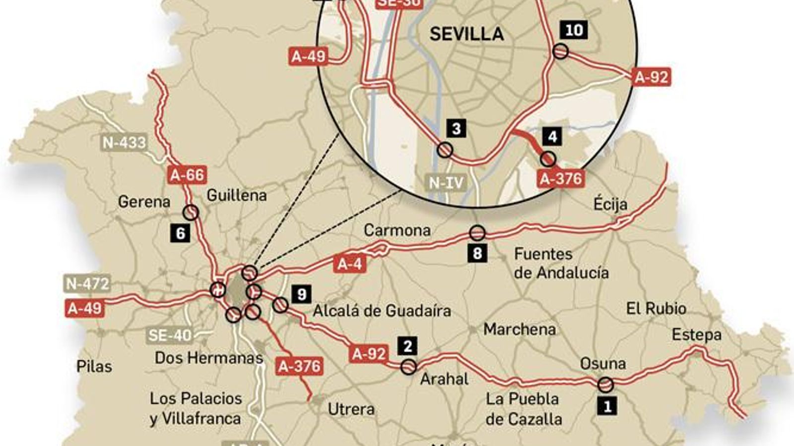 Ubicación de los radares que más multan en Sevilla. Fuente: Automovilistas Europeos Asociados.