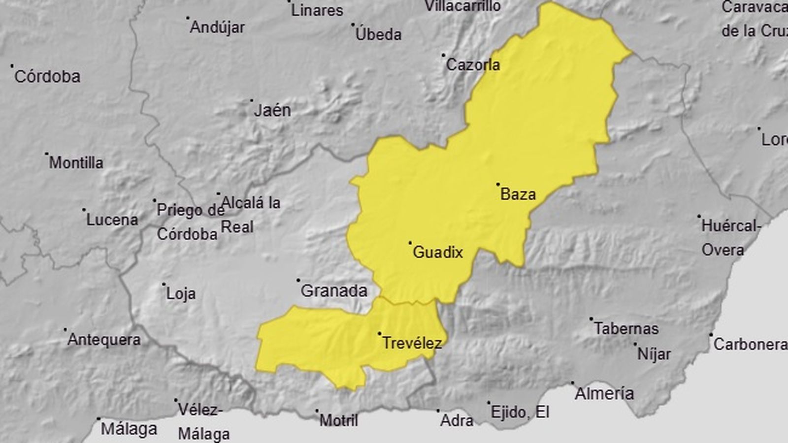 Mapa de avisos meteorológicos para esta tarde en Granada