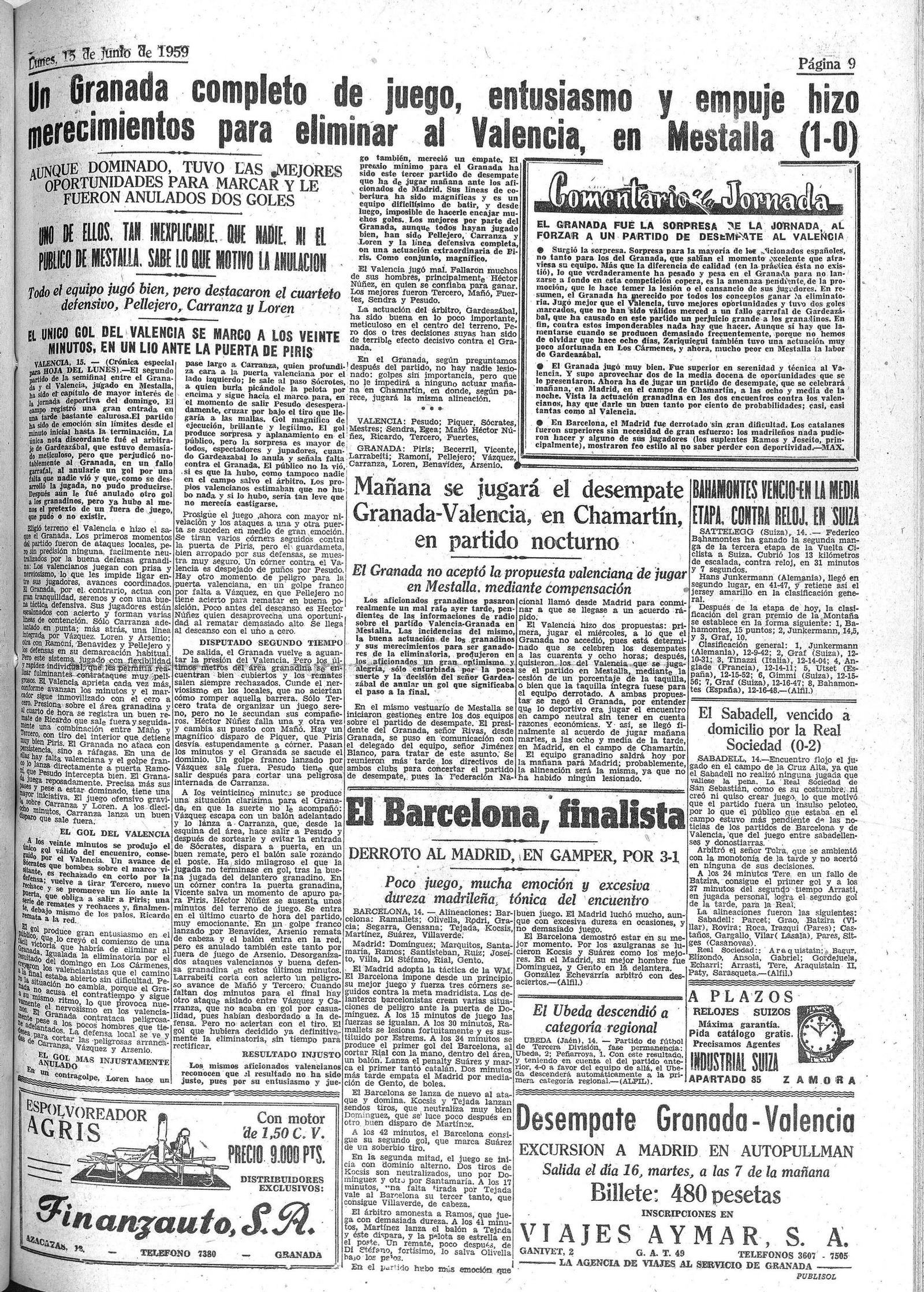 Recorte de La Hoja del Lunes con la vuelta del Granada-Valencia de 1959