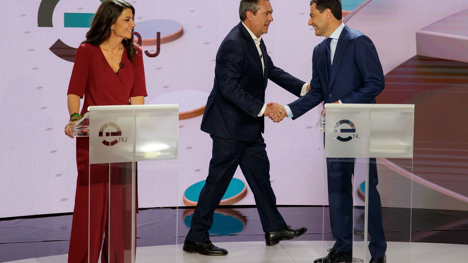 Macarena Olona, Juan Espadas y Juanma Moreno, en el debate de Canal Sur.