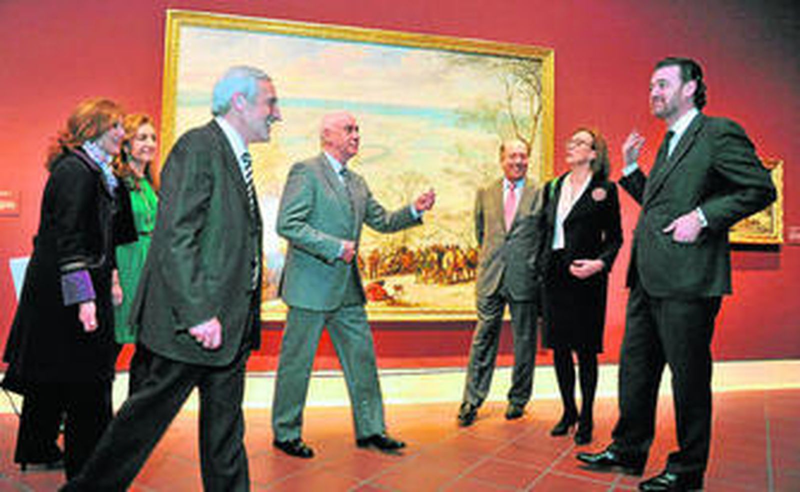 1. Ante 'Acto de devoción de Rodolfo I de Habsburgo' de Pedro Pablo Rubens y Jan Wildens. 2. Una de las obras maestras de la cita, 'Atalanta y Melegrao cazando el jabalí de Calidonia' de Rubens. 3. Los patrocinadores de la exposición junto a la comisaria Teresa Posada Kubissa y Miguel Zugaza. 4. 'La vida campesina' de Jan Brueghel el Viejo.