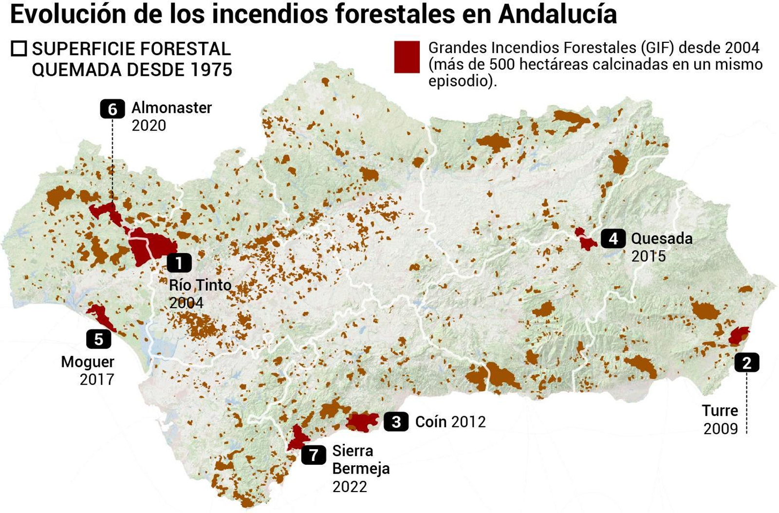 Mapa de la superficie forestal calcinada en Andalucía desde 1975