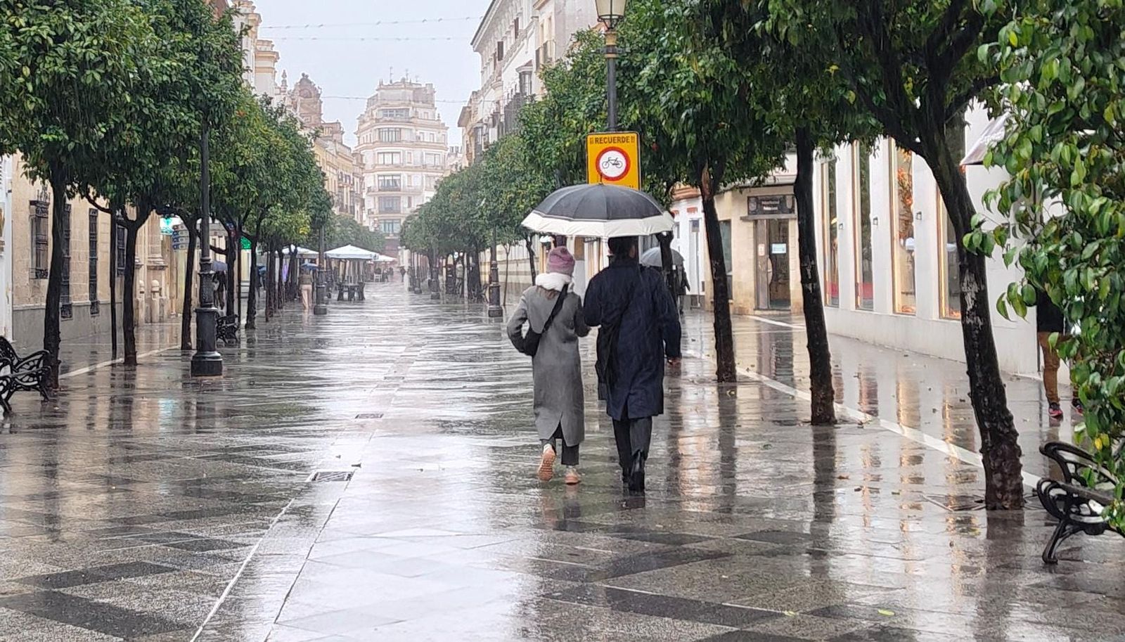 Una pareja con paraguas, ayer por el centro de Jerez.