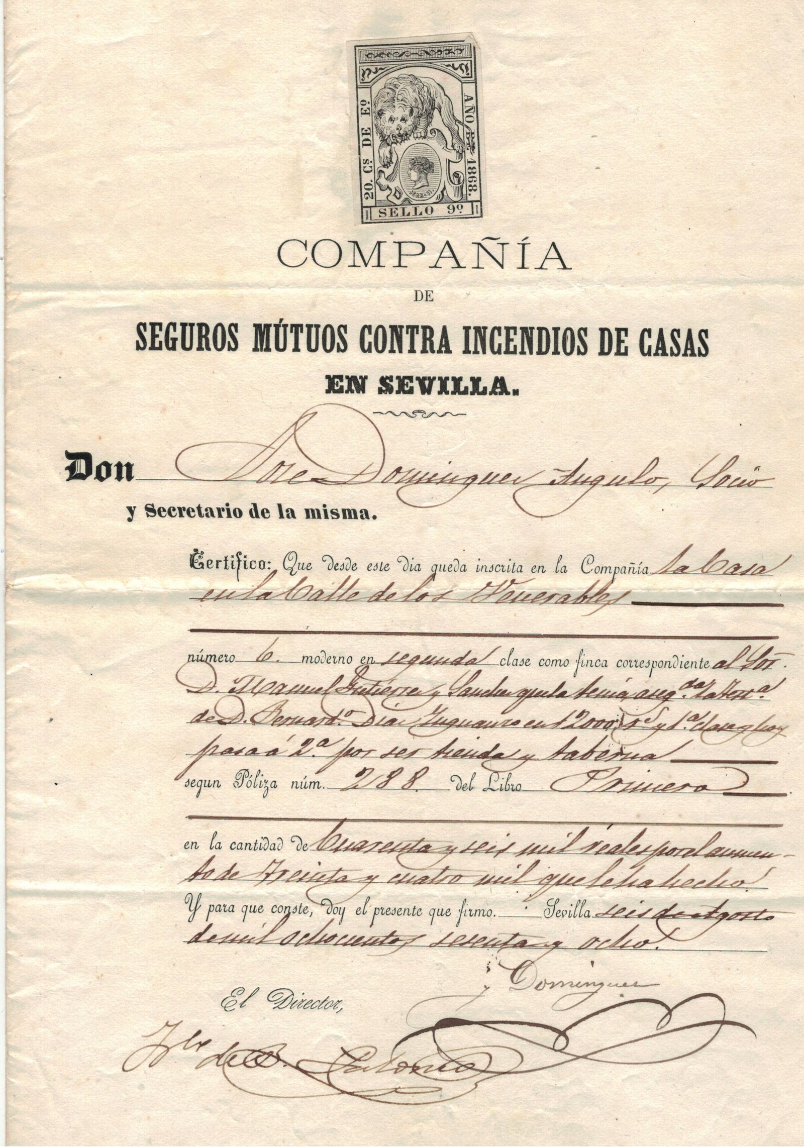 El encabezamiento de la póliza de seguros de 1868