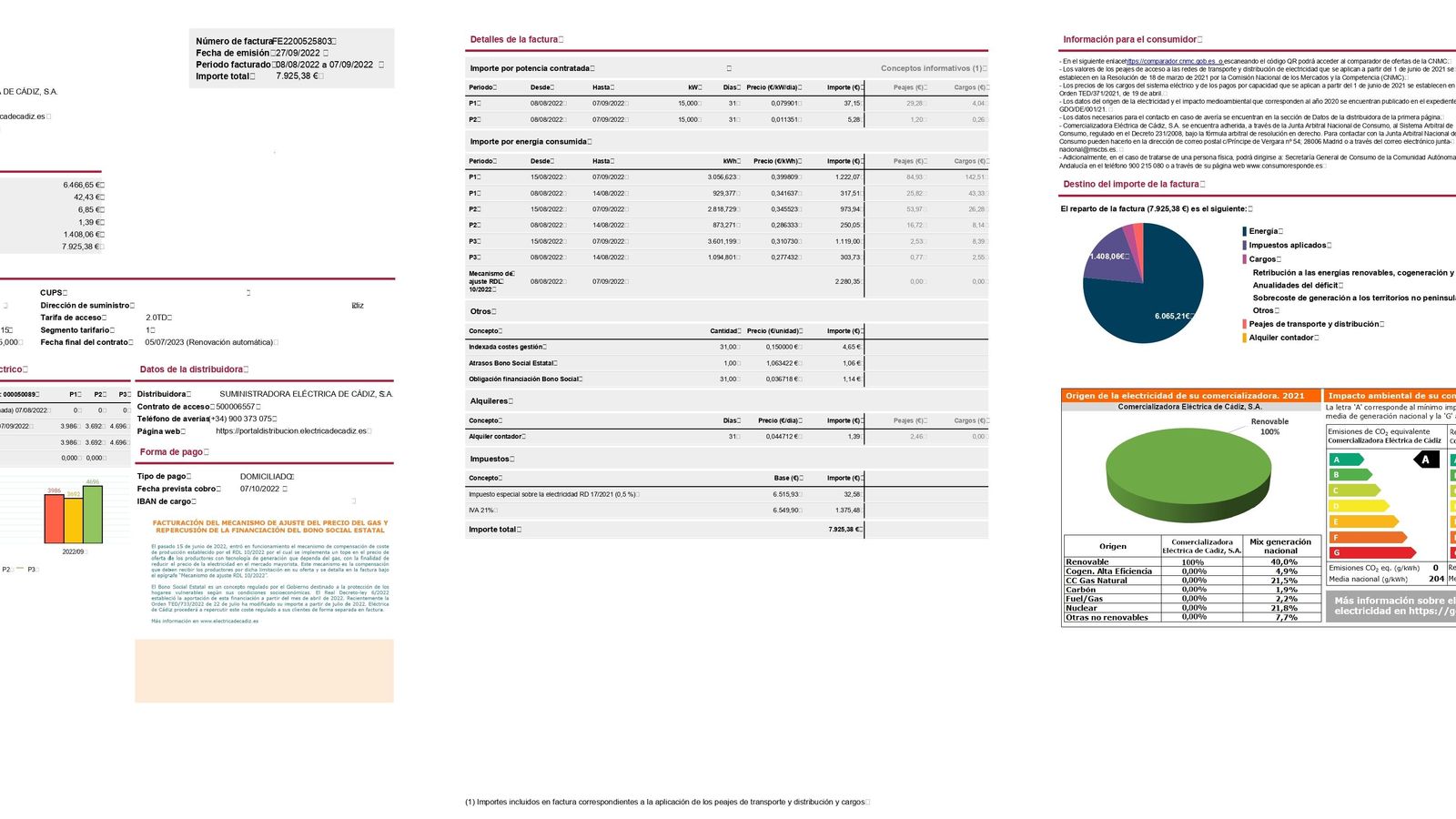 Factura de Eléctrica de Cádiz por valor de 7.928,35 euros, correspondiente a la heladería Martonela durante el mes de agosto.