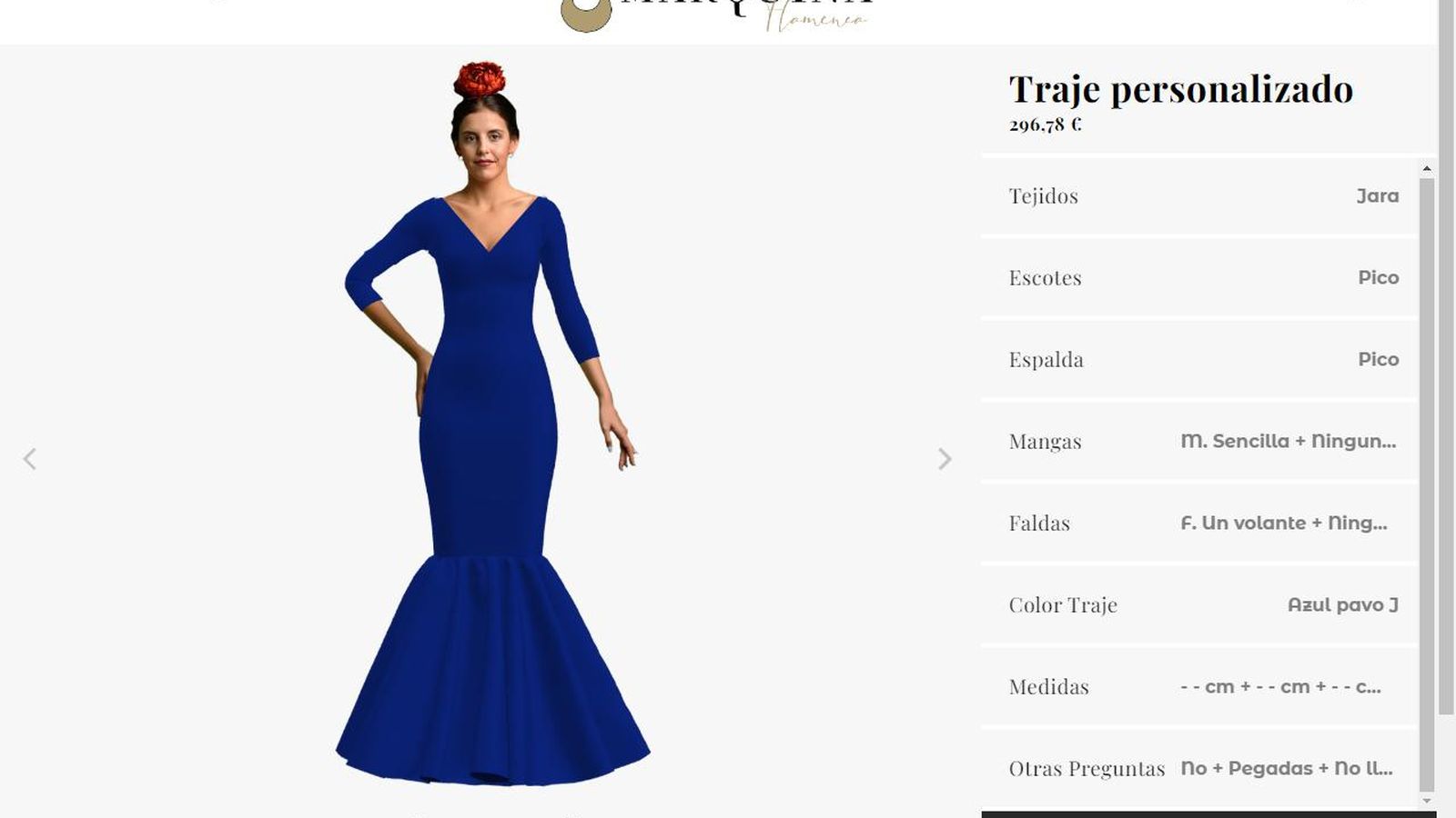 Modelo de traje en la web de Marquina Flamenca