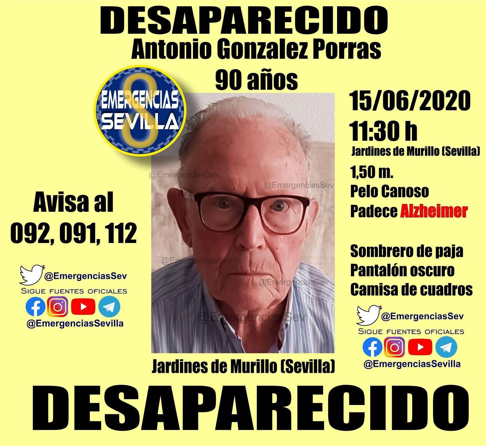 La publicación de la Policía Local alertando de la desaparición de Antonio González Porras.