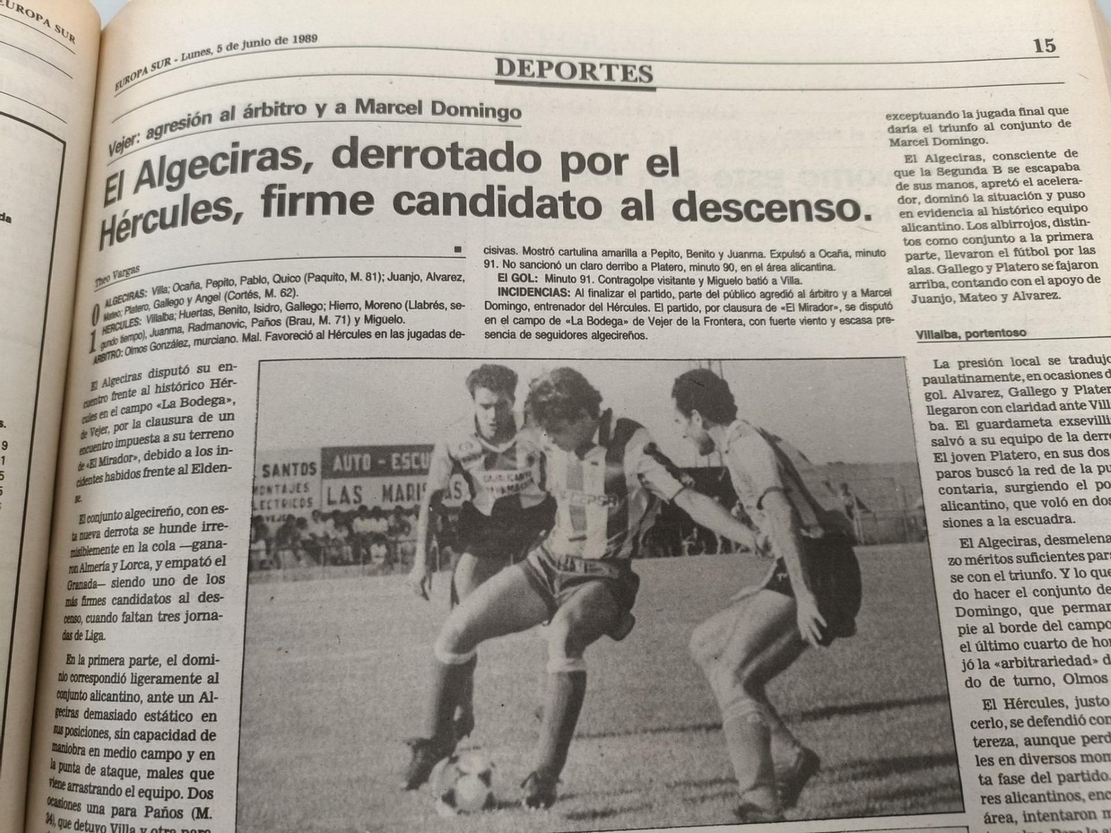 Una foto de parte de la crónica de 'Europa Sur' del Algeciras-Hércules de la 1988/89.