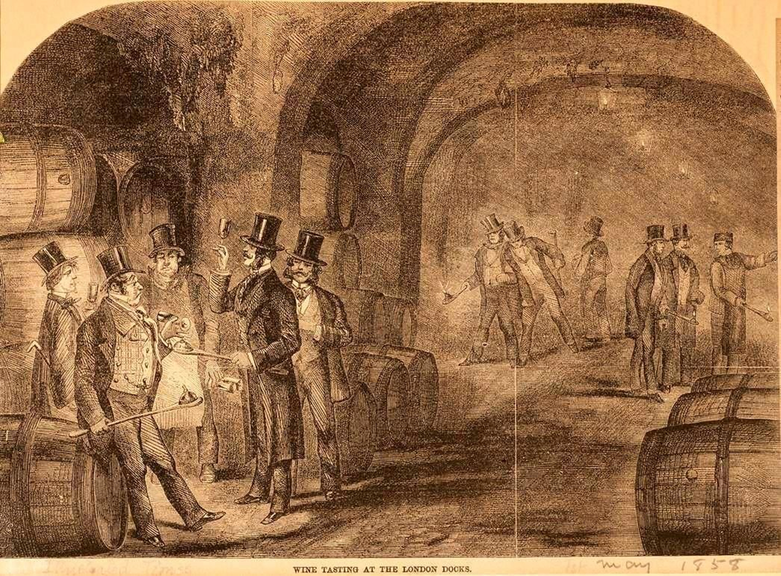 Cata de vinos en los docklands de Londres, hacia 1845.