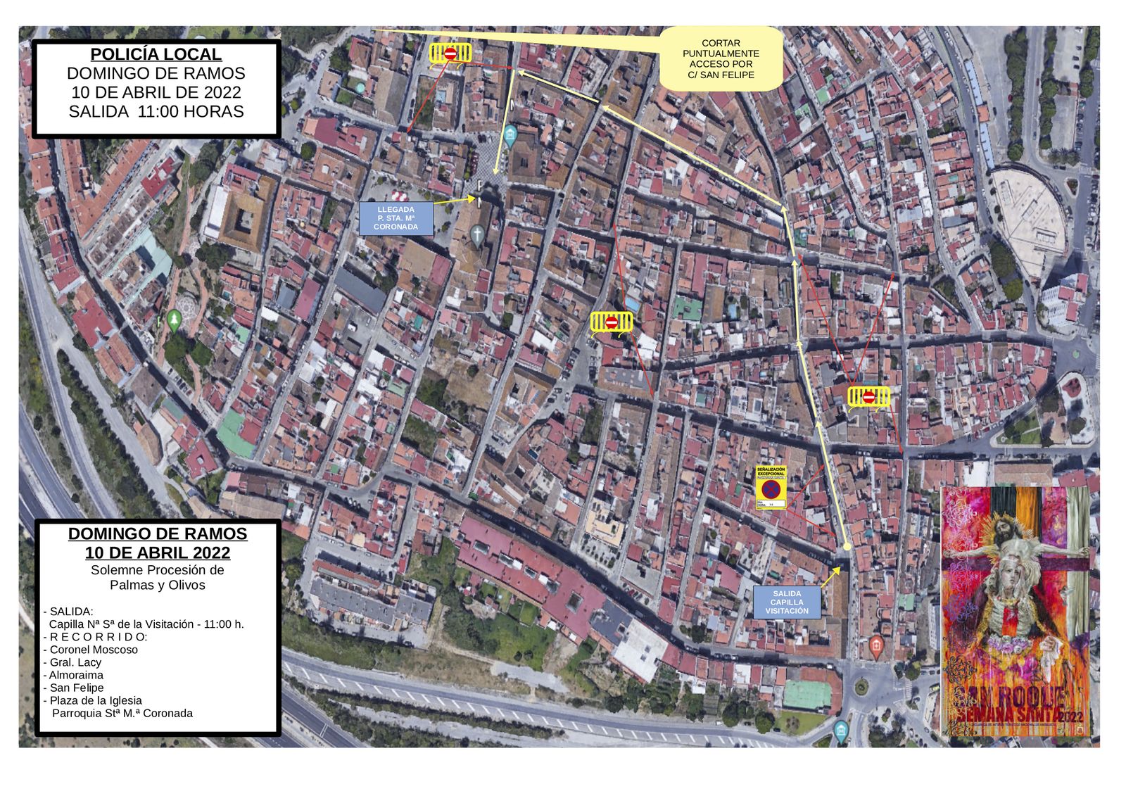 Mapa con los cortes previstos por la Policía de San Roque para el Domingo de Ramos