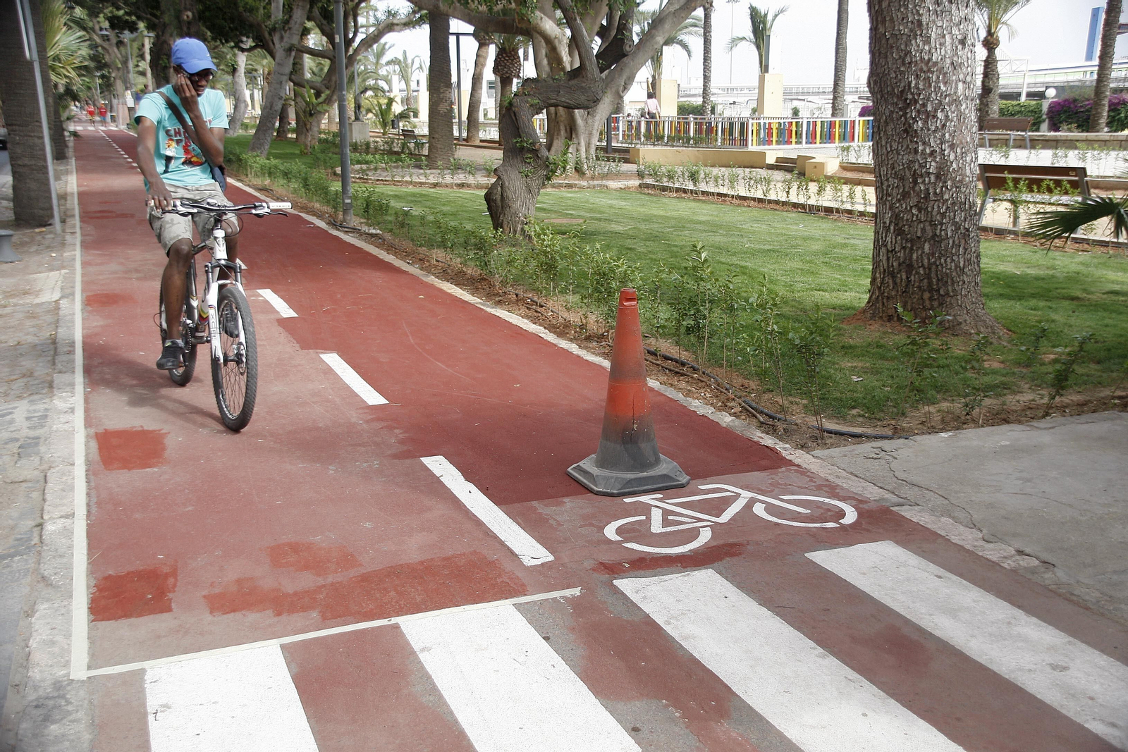 Un usuario de bicicleta observa las tareas de repintado del carril bici del parque Nicolás Salmerón mientras habla por teléfono.