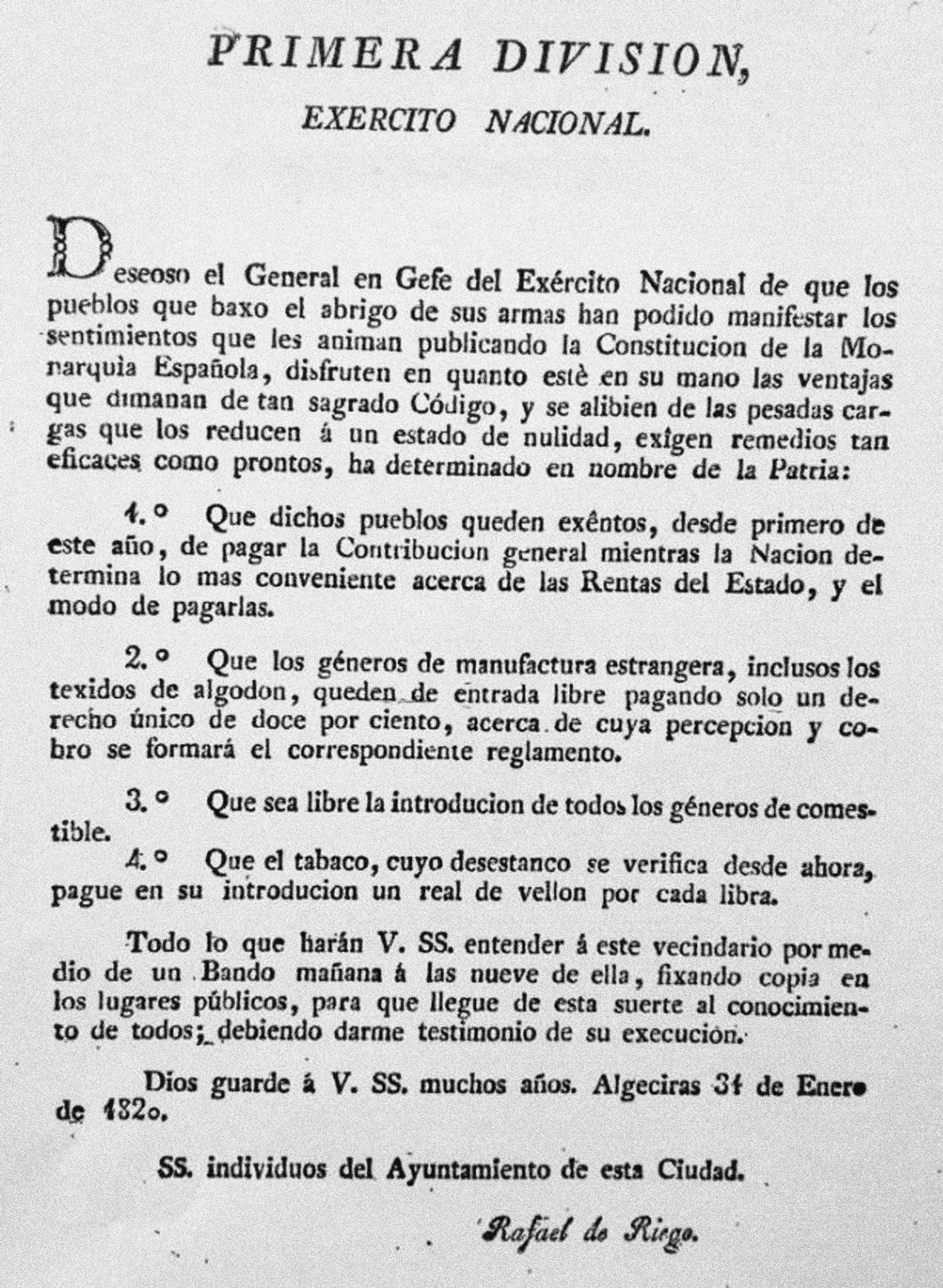 La carta de Riego que se convirtió en bando municipal.