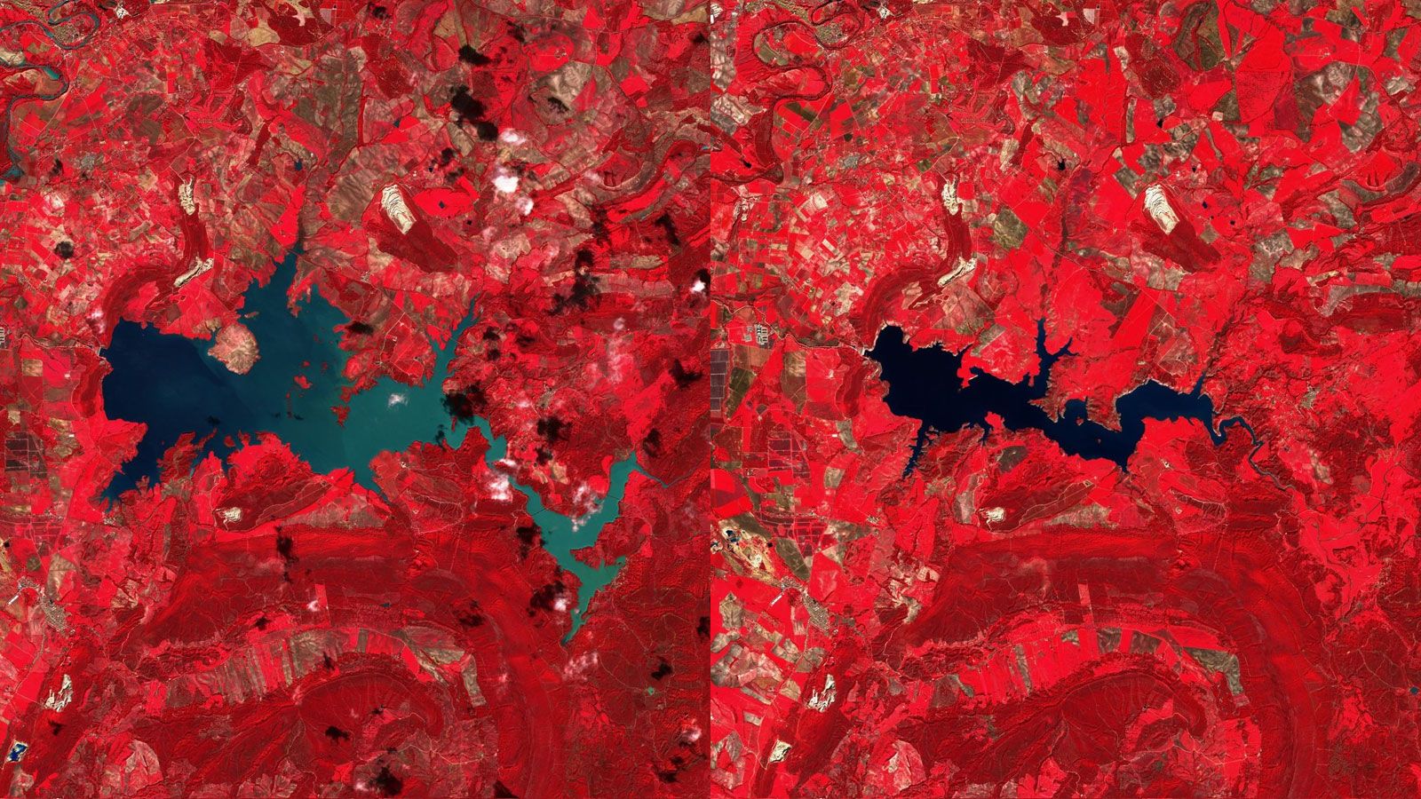 Comparativa del pantano de Guadalcacín en Cádiz, después y antes de las lluvias.