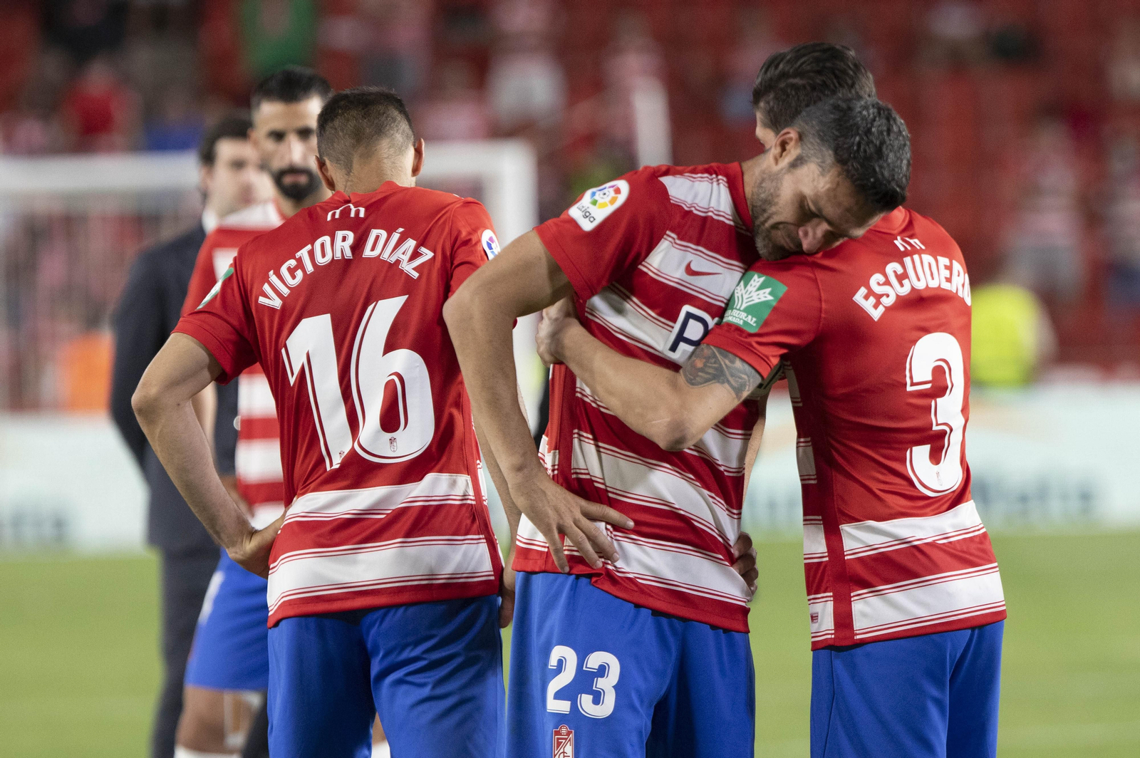 Jorge Molina recibe el abrazo de Escudero tras confirmarse el descenso