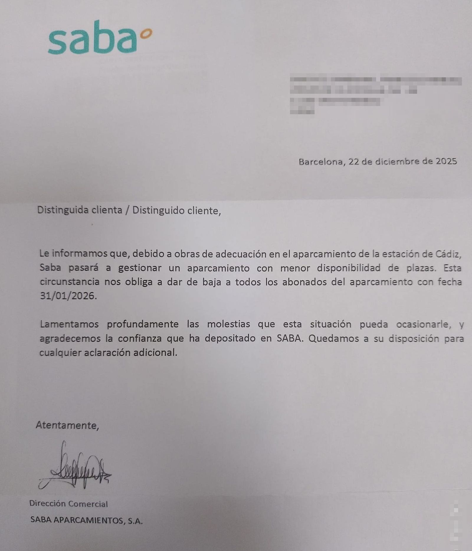 Carta que están recibiendo abonados del parking de Renfe en Cádiz.