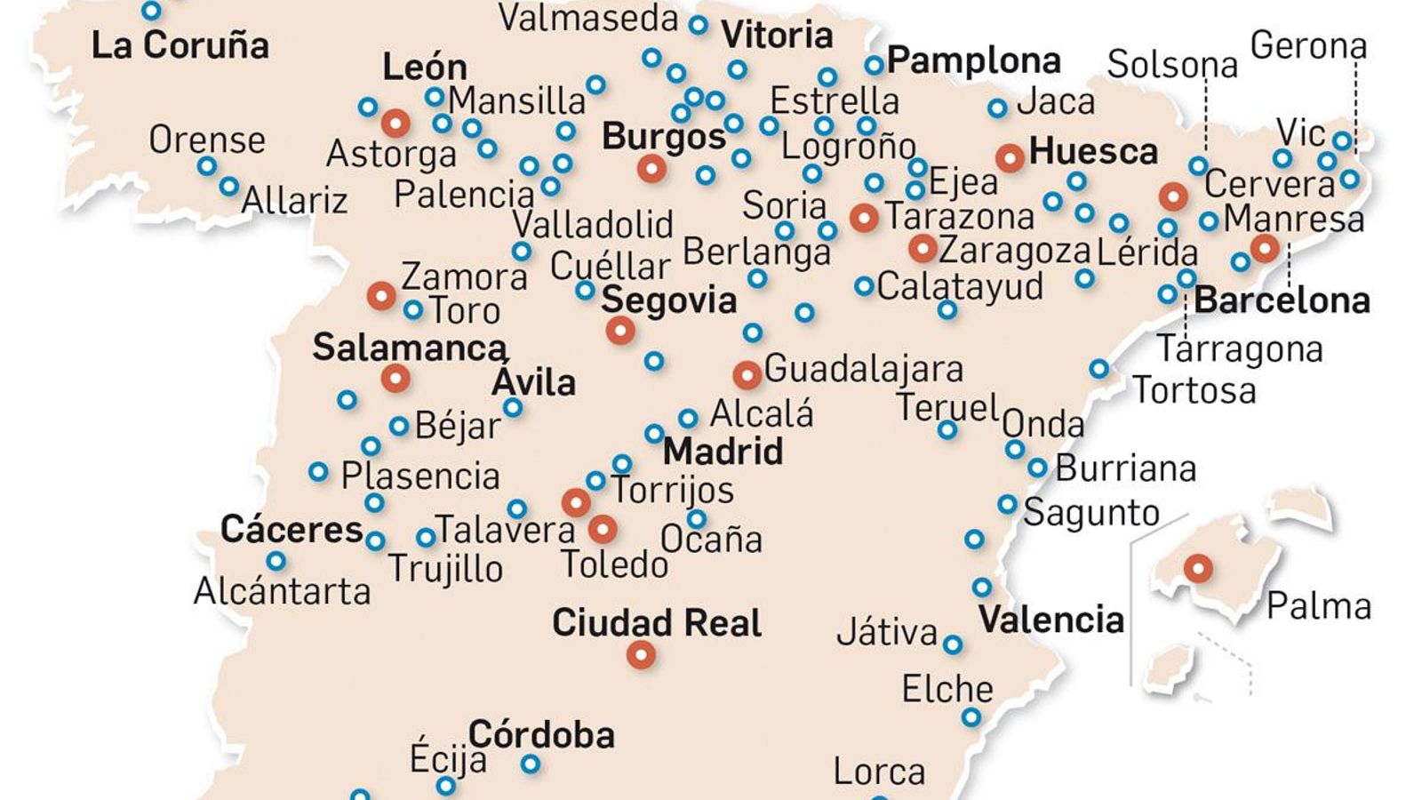 Mapa de sinagogas hispanas en la época de los Reyes Católicos