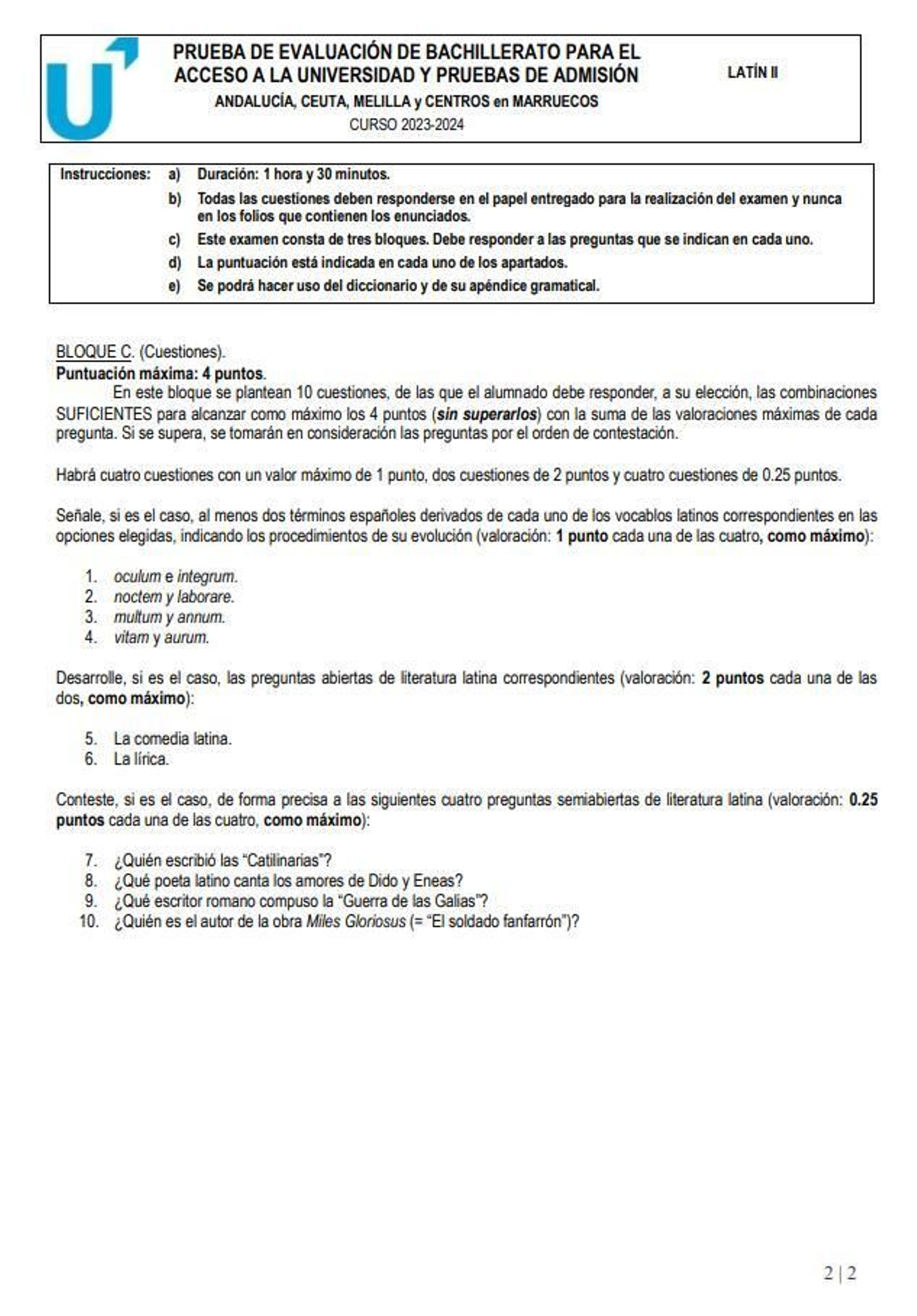 Bloque C del examen de Latín II