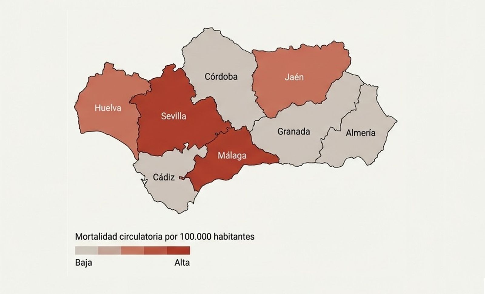 Mapa de Andalucía con la tasa de mortalidad por enfermedades circulatorias por cada 100.000 habitantes, según provincia, con gradación de color de menor a mayor incidencia.