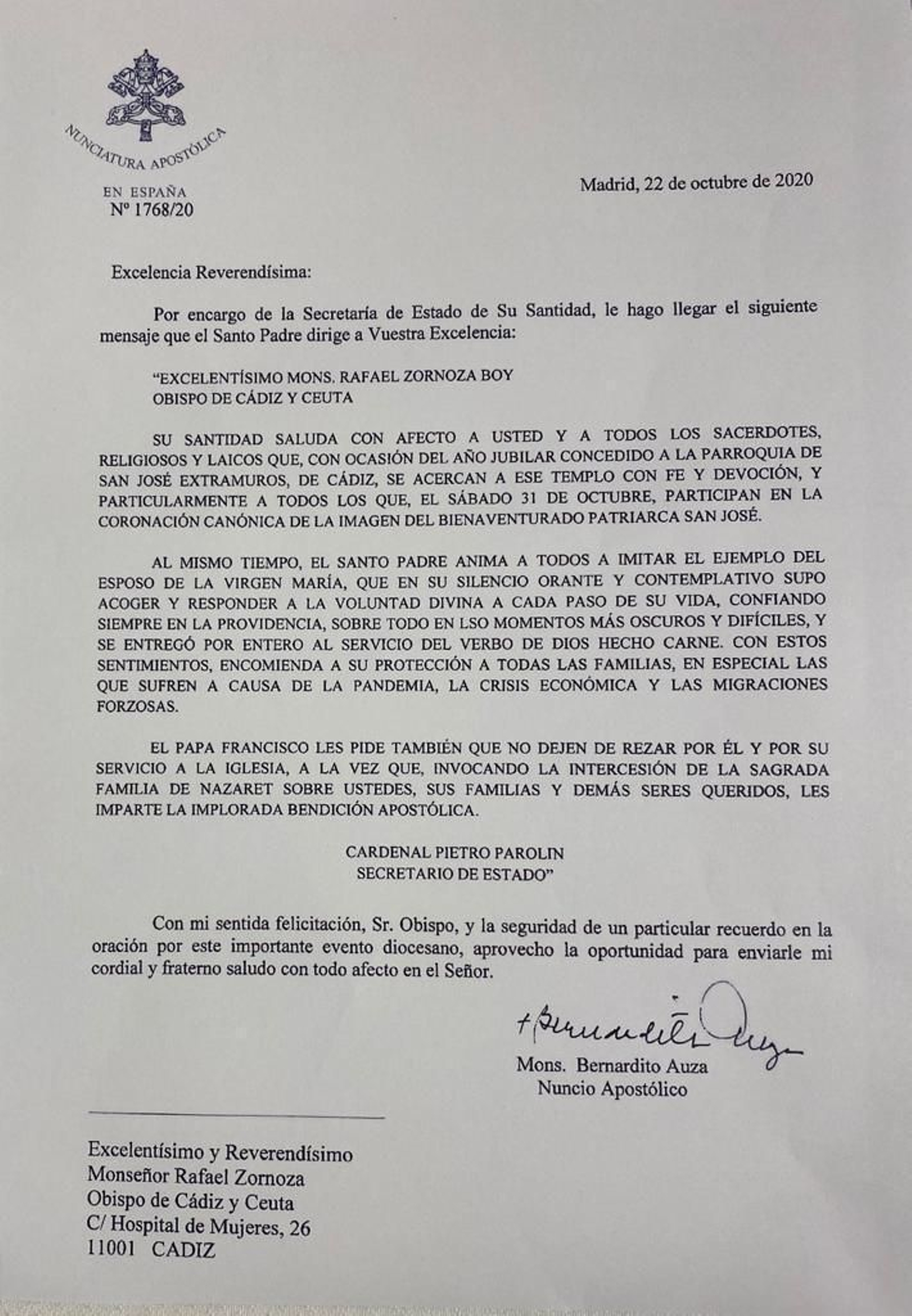 Escrito dirigido por el Nuncio del Vaticano al obispo Rafael Zornoza con motivo de la coronación de San José.