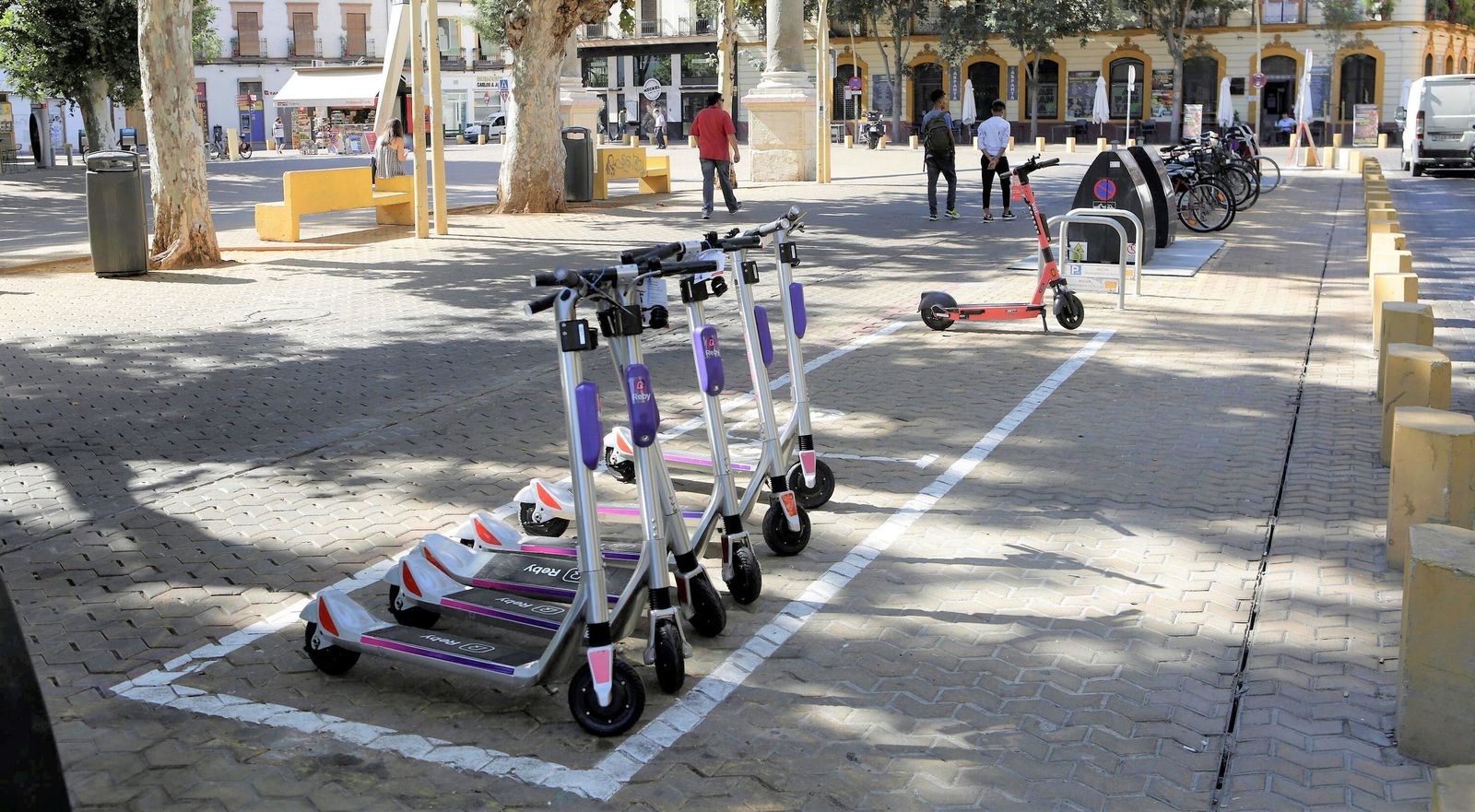 Patinetes de Reby en primera línea aparcados en la Alameda.