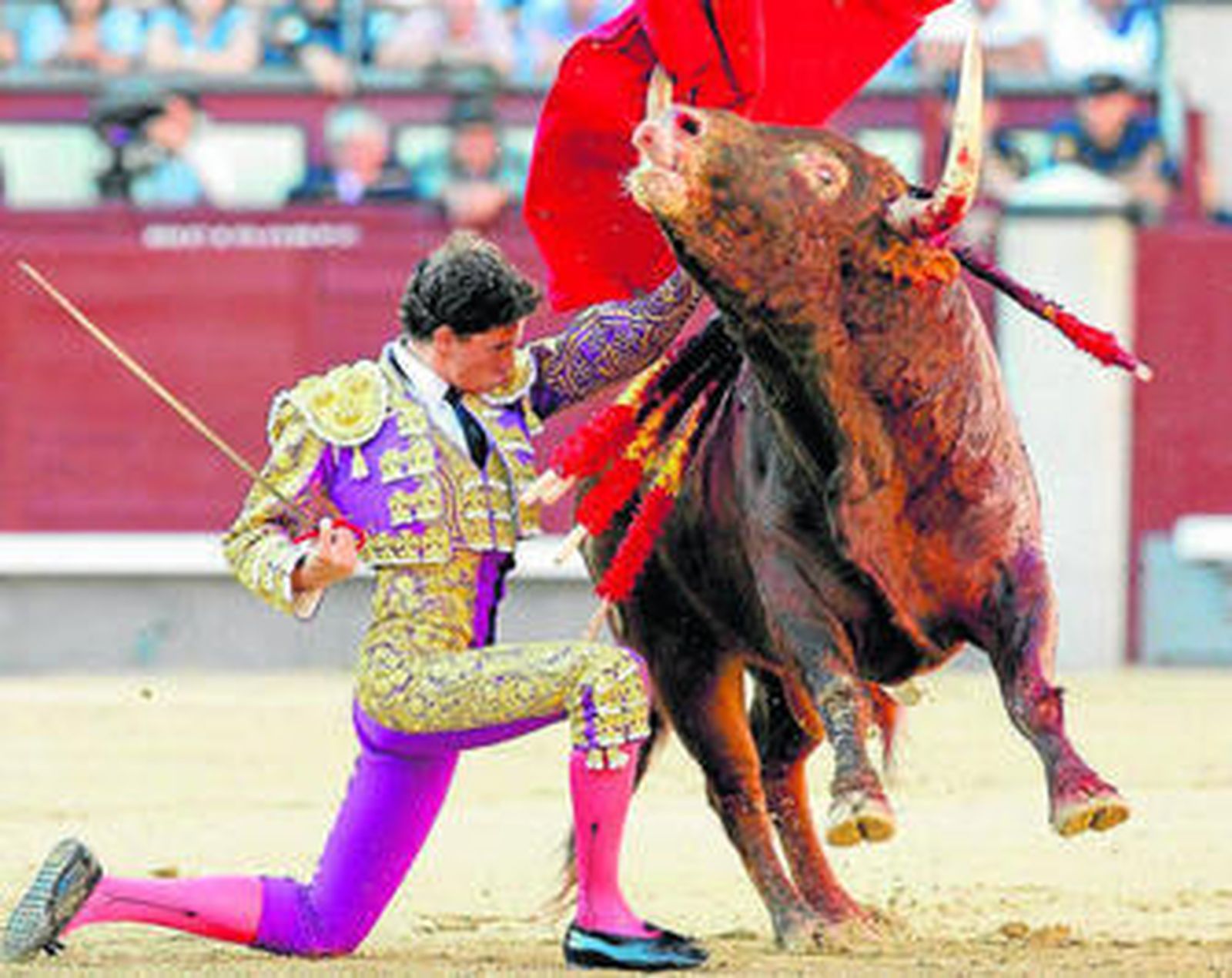 El mexicano Arturo Saldívar ante el toro de su confirmación de alternativa.
