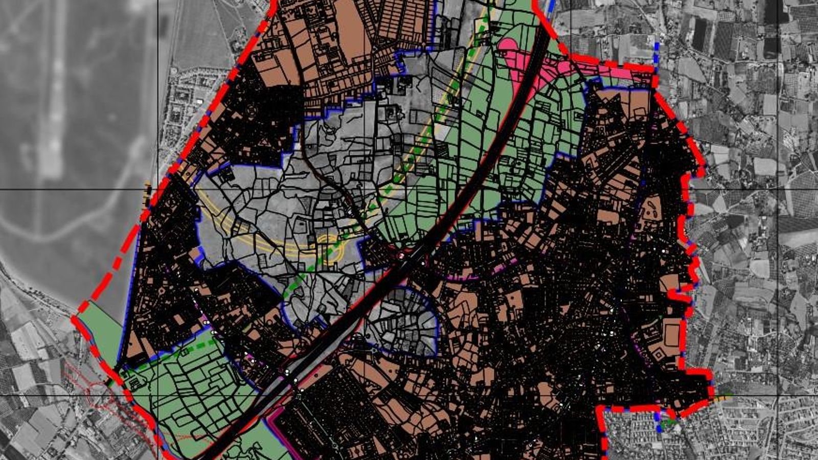 En amarillo, trayectoria del vial en el que se integraría el Metro atravesando todas las áreas.